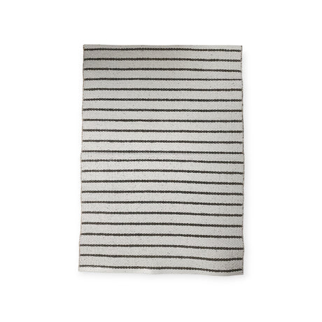 The Horredsmattan - Music - Dark Gray Vinyl Rug is a durable, rectangular woven cloth featuring alternating black and white horizontal stripes on a plain background.