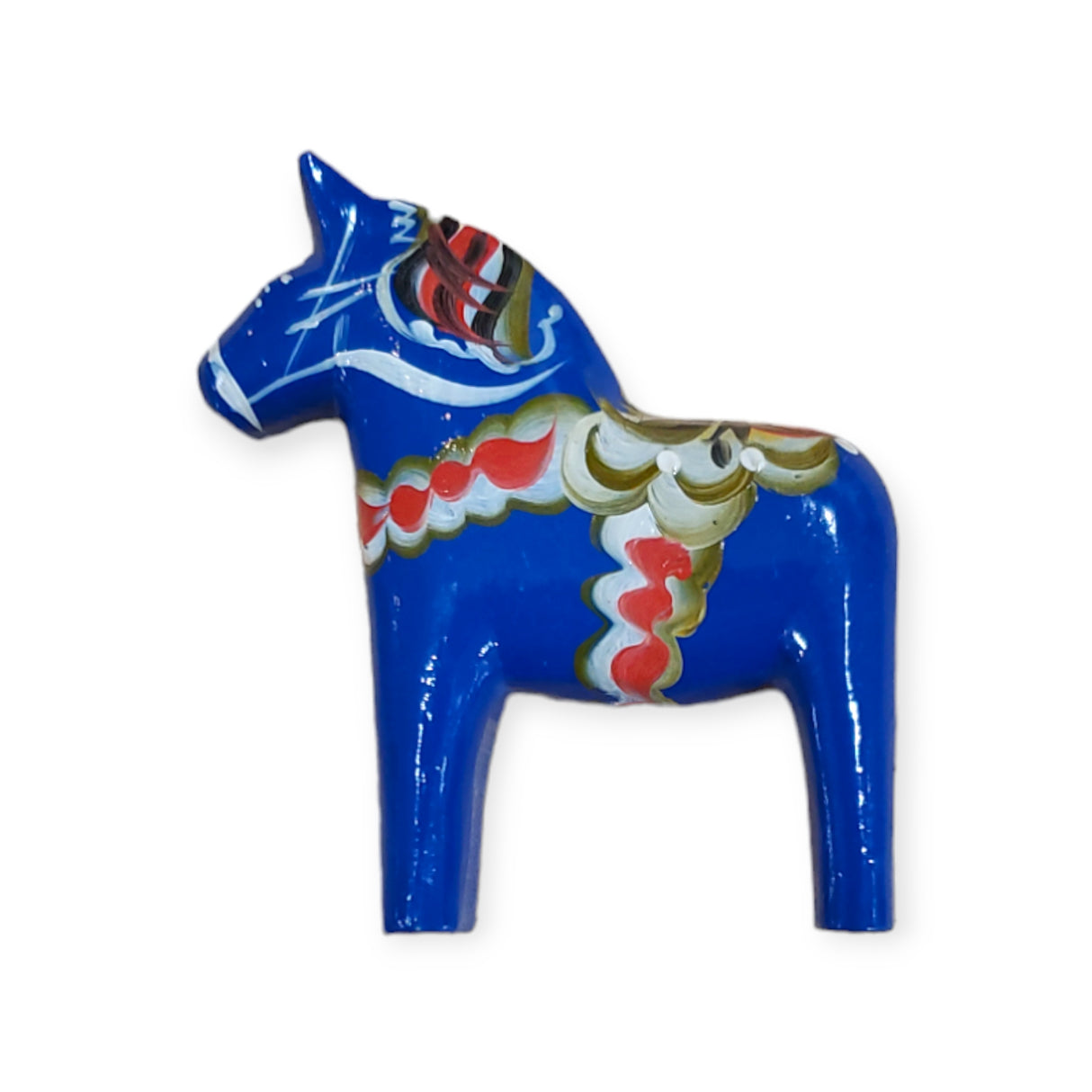 A 2" Traditional Dala Horse magnet, handcrafted in Sweden, featuring colorful painted patterns, displayed on a white background.
