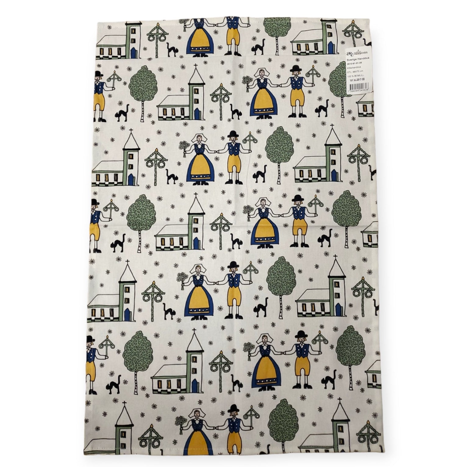 The Tea Towel: Sverige Handduk is a rectangular cotton towel featuring a folk art pattern of people, trees, and houses in blue, yellow, and green on a white background. Crafted by Arvidssons Textil in Sweden, it embodies traditional charm and vibrant design.