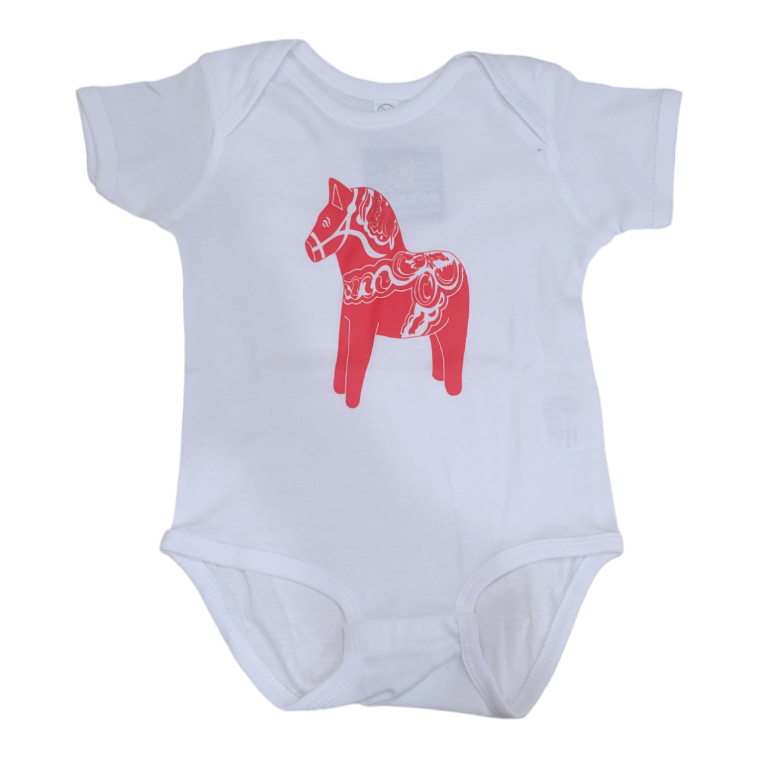 White baby onesie from the "Onesie: Red Dala Horse" collection, featuring a red Dala horse design that embodies Scandinavian charm and Swedish folk art elegance.