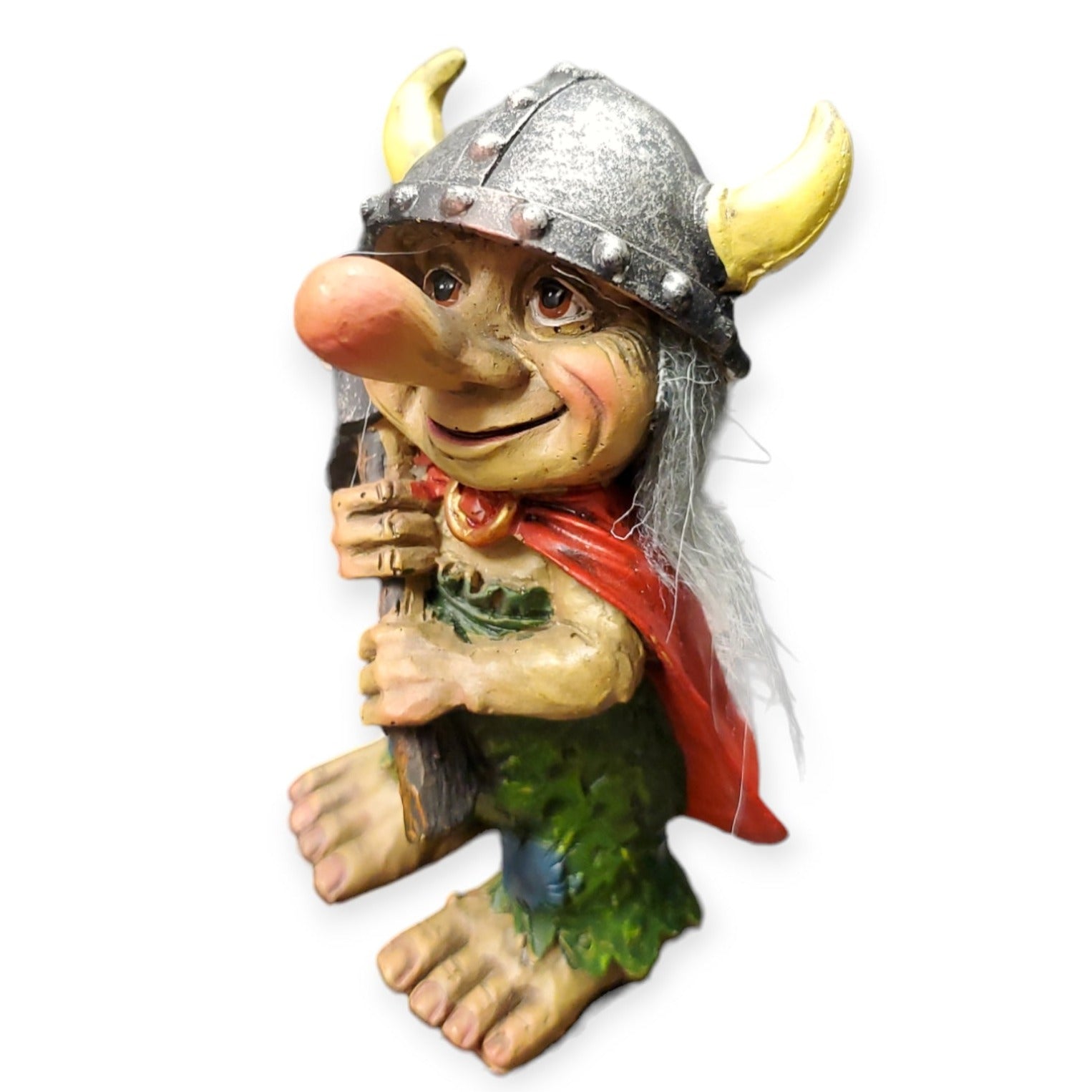 A playful Viking Troll with Axe crafted from resin, adorned with a horned helmet featuring yellow horns, a red cape, and holding an axe.