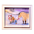 Framed original artwork titled "Delivery Status: Delayed," measuring 17x14, featuring a snowy landscape with a horse, a person dressed in winter attire, and a goat carrying holiday items.