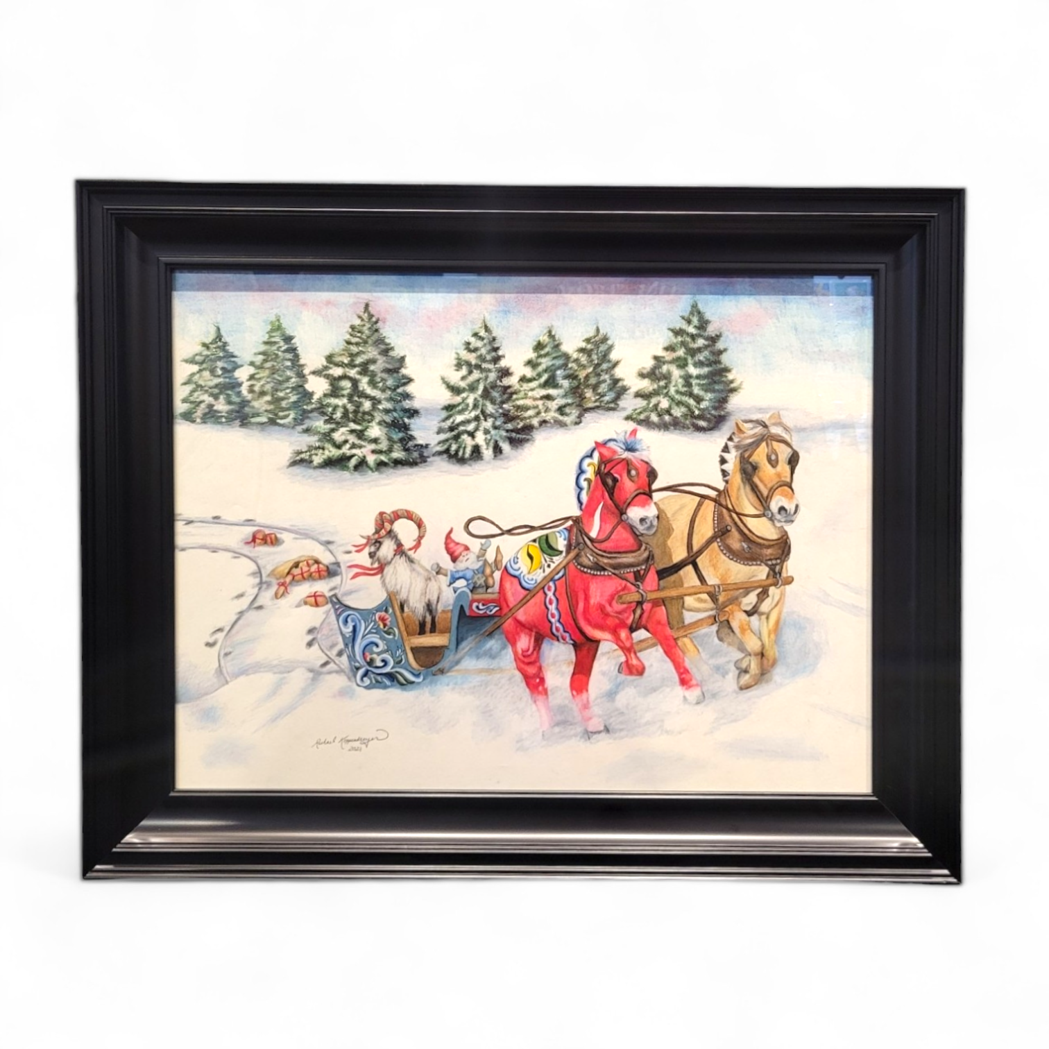 This original piece, known as "Runaway Sleigh," is a 29x23 framed painting depicting two horses pulling a sleigh through the snow, reminiscent of a Christmas story with trees decorating the backdrop.