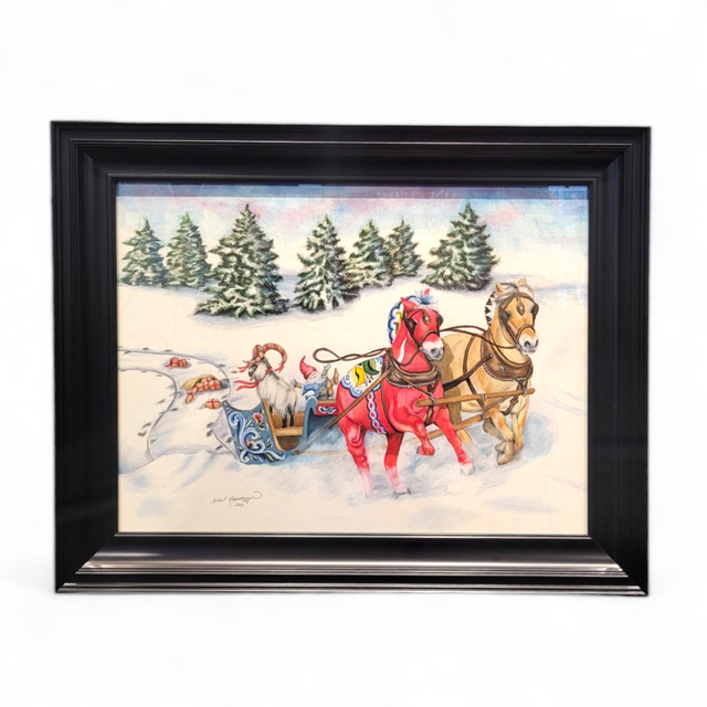 This original piece, known as "Runaway Sleigh," is a 29x23 framed painting depicting two horses pulling a sleigh through the snow, reminiscent of a Christmas story with trees decorating the backdrop.