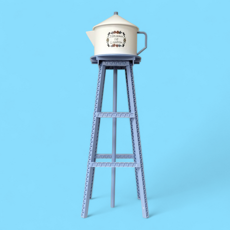 A Model Kit: Miniature Replica of the Lindström Coffee Pot Water Tower features floral designs and sits atop a tall blue metal structure, set against a solid light blue background.