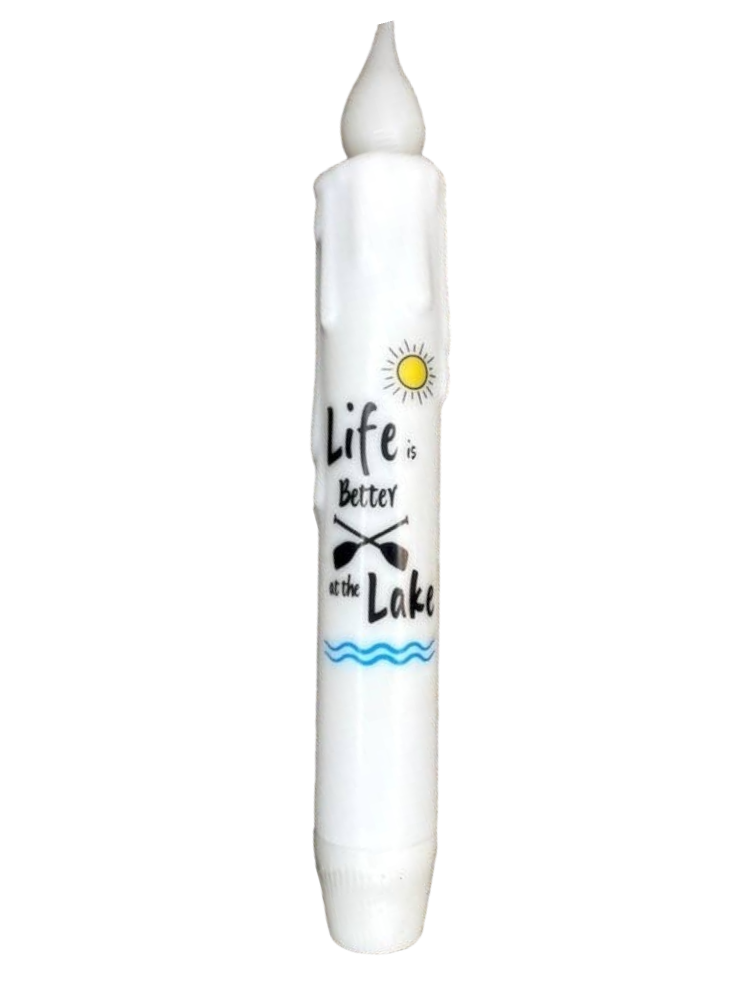 The Candle: Lake Life 7" Tapered LED Light is a battery-operated timer candle featuring the phrase "Life is Better at the Lake" and adorned with a sun, fish, and waves. It offers realistic flickering to create a warm ambiance in any space.