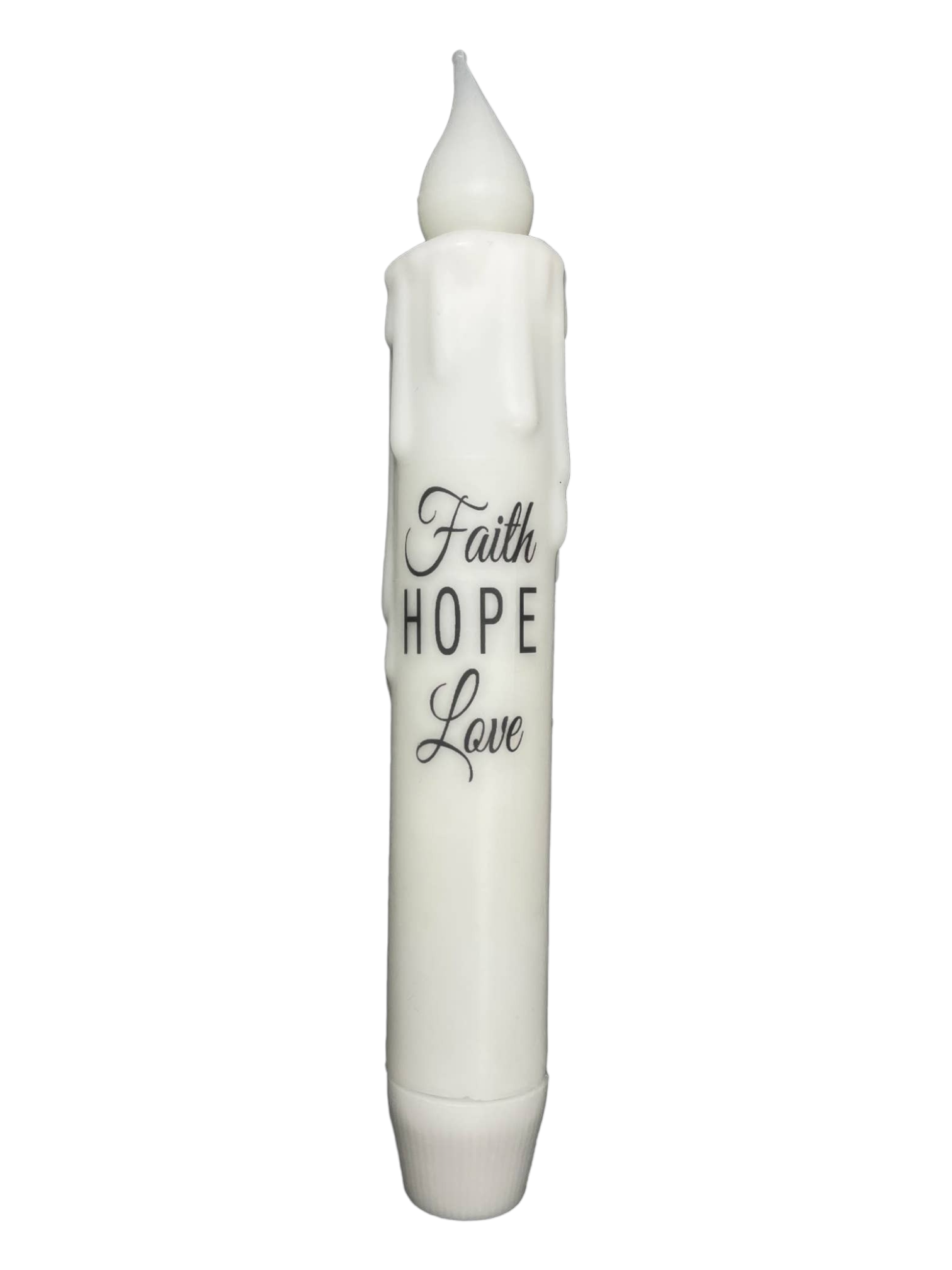 This white LED tapered light, featuring the phrase "Faith Hope Love," boasts a drip-like design at the top, seamlessly combining modern convenience with timeless elegance. It is battery-operated with a timer, offering a warm glow minus any hassle.