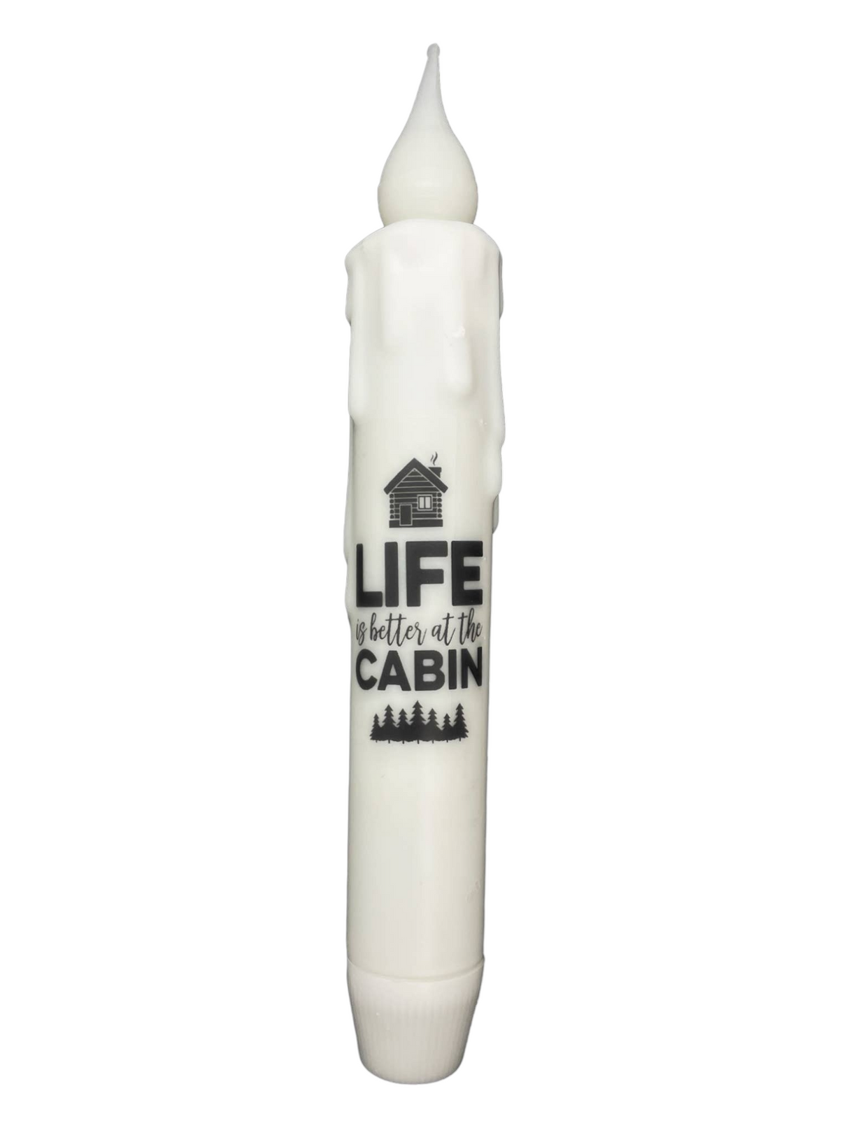 Experience the warmth and simplicity of cabin life with the Candle: Cabin Life 7" Tapered LED Light. With wax drips and a cozy cabin design, this battery-operated timer candle showcases the text "Life is better at the cabin," embodying charm in any space.