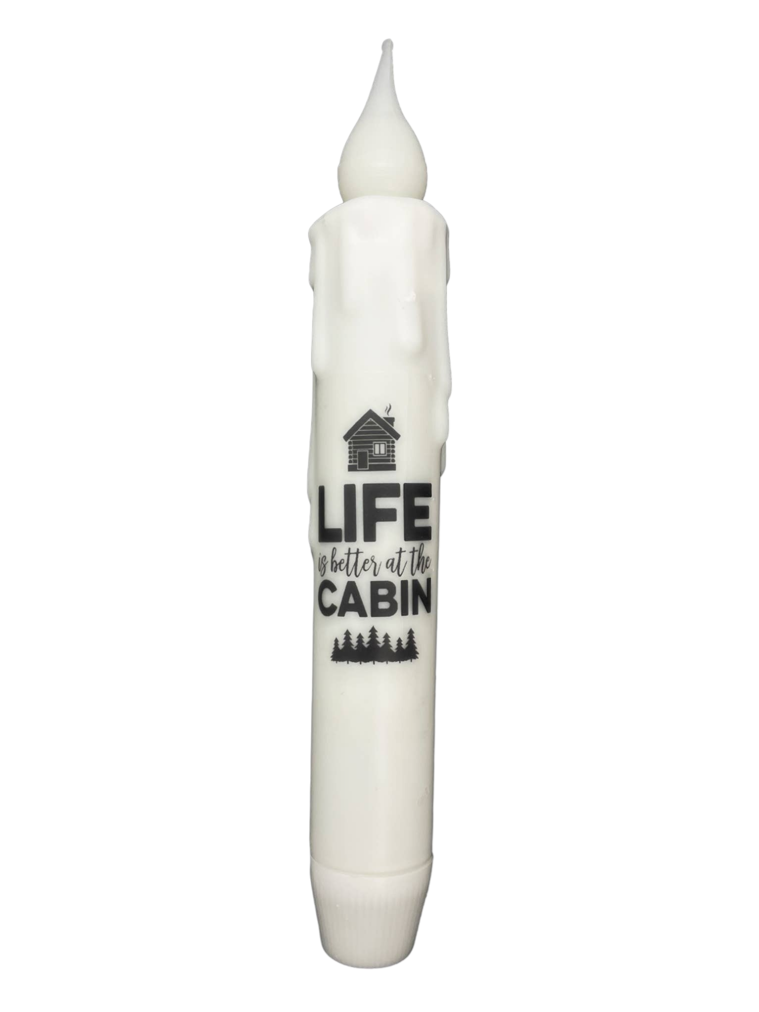 Experience the warmth and simplicity of cabin life with the Candle: Cabin Life 7" Tapered LED Light. With wax drips and a cozy cabin design, this battery-operated timer candle showcases the text "Life is better at the cabin," embodying charm in any space.