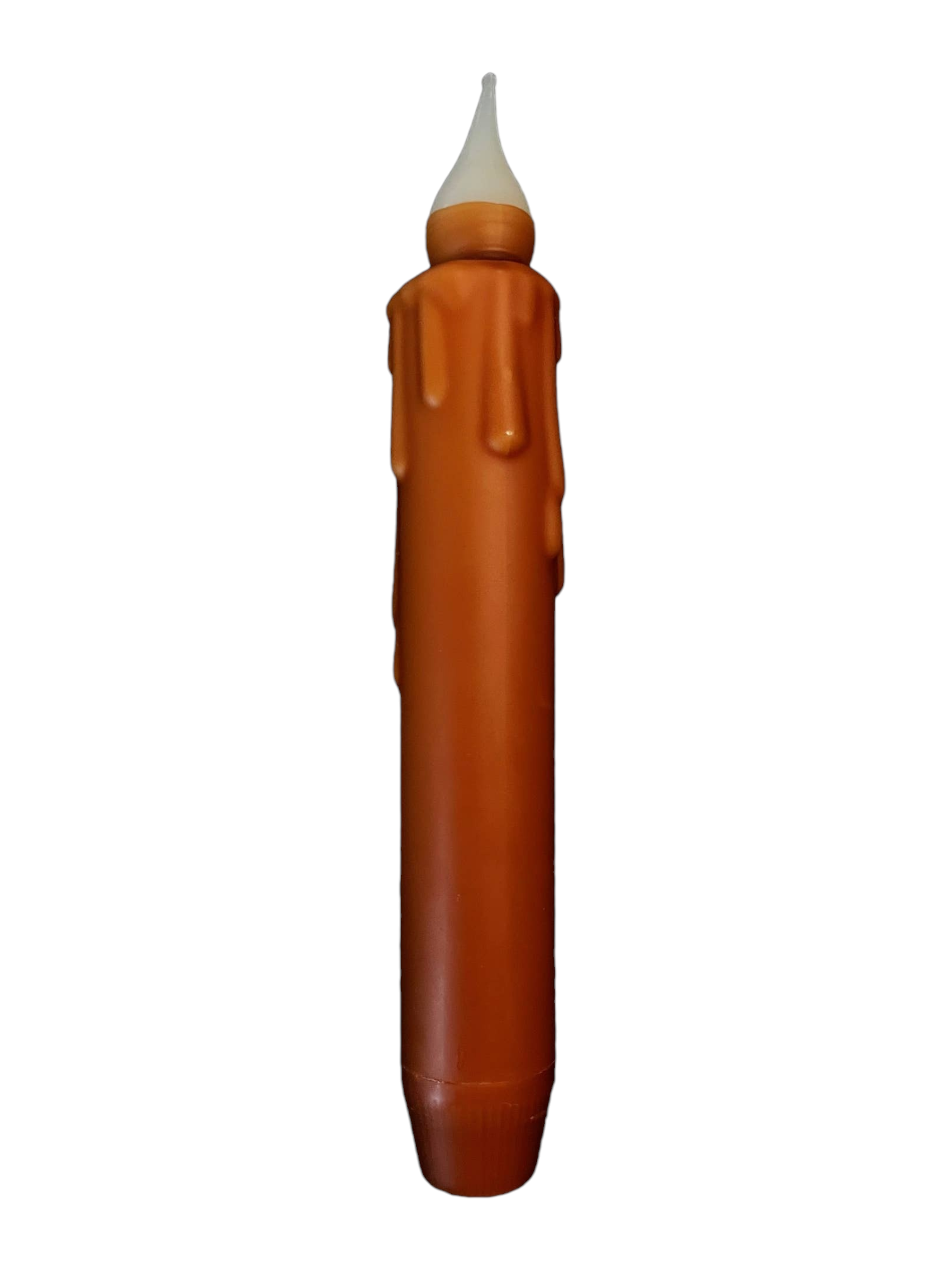 A brown 7" tapered LED light with a wax-like drip design and a white tip, resembling a Halloween decoration, operates on a battery timer.