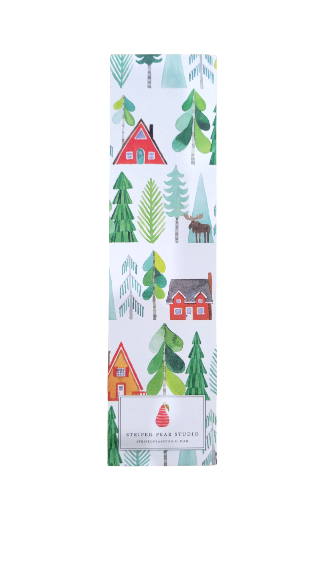 A gift-worthy bookmark decorated with delightful illustrations of red houses, cabins, trees, and a moose, featuring the text "Striped Peak Studio" elegantly displayed at the bottom, titled "Up North" by Kersten Sevig.