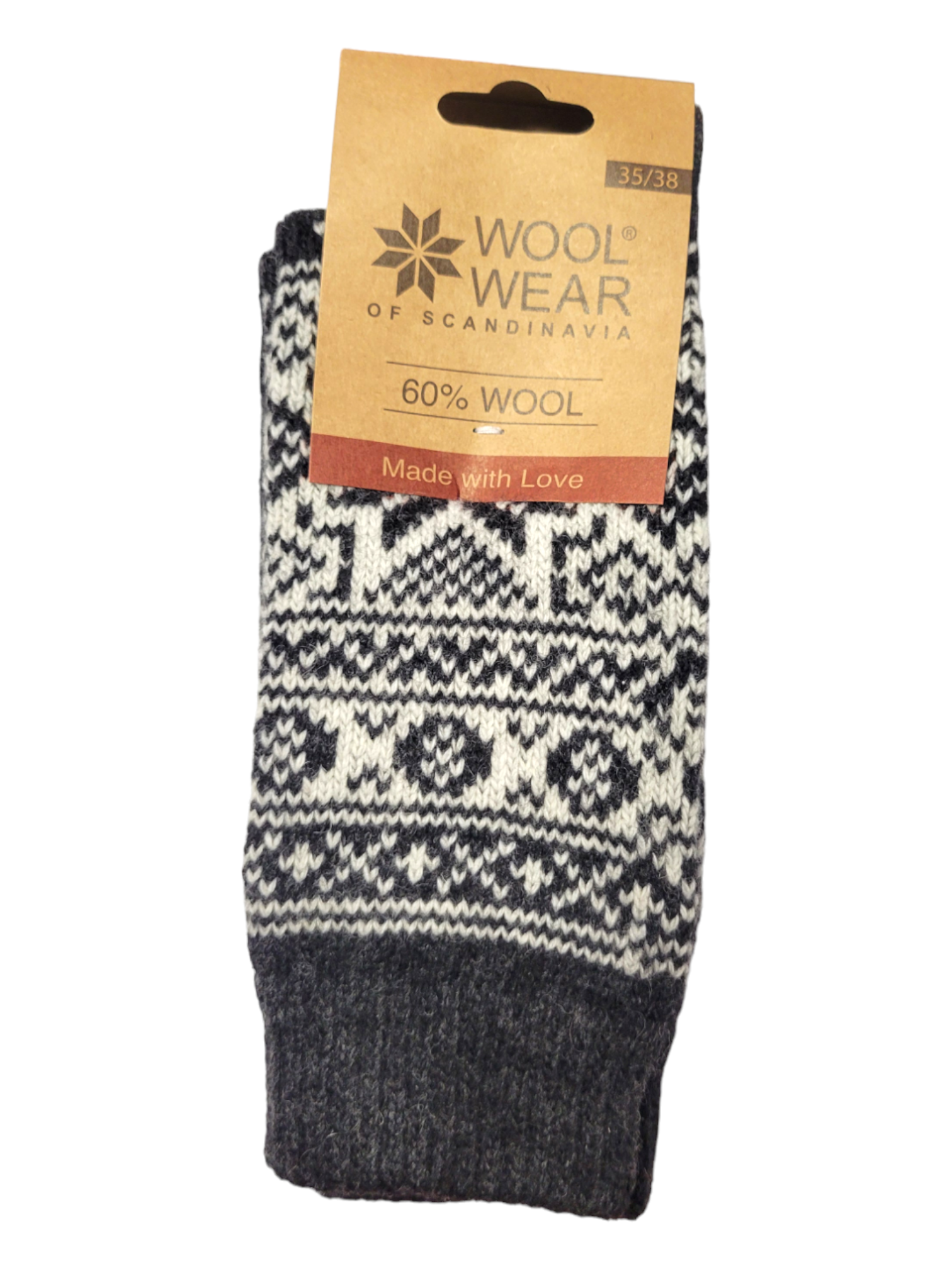 A folded pair of Wool Wear Selbu Star socks, charcoal/white, 60% wool, size 35/38—crafted with care.