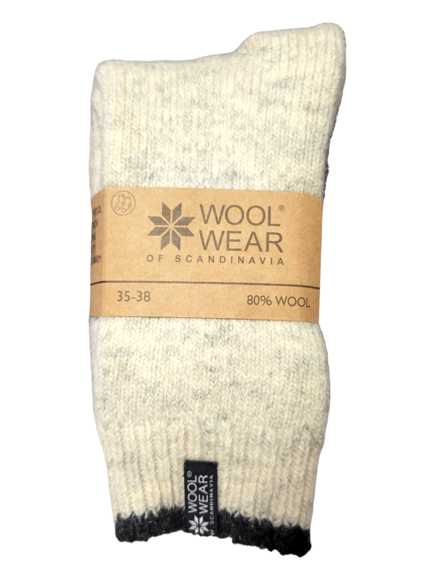 The Eskimo sock by Wool Wear in the white and charcoal colorway showcases a cream-colored wool design with a black toe and cuff. Made from 80% wool and fortified with polyamide for extra durability, it offers an ideal fit for sizes 35-38.