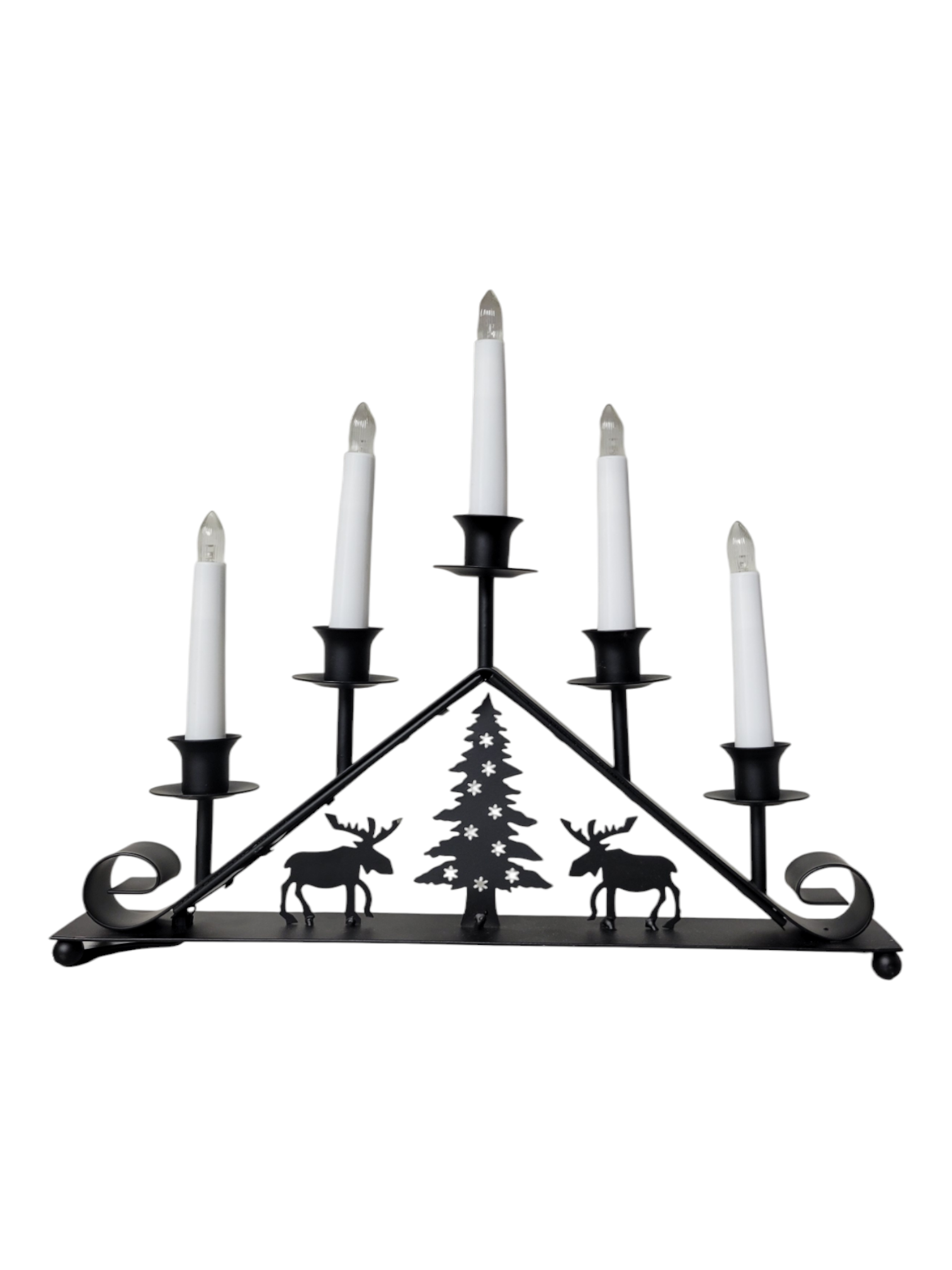 The Scandlights Wrought Iron Candelabra combines Scandinavian tradition with modern convenience, showcasing a black metal design featuring moose and tree cutouts. It comes with five white candles and is also compatible with LED lights for a safe, battery-operated glow.