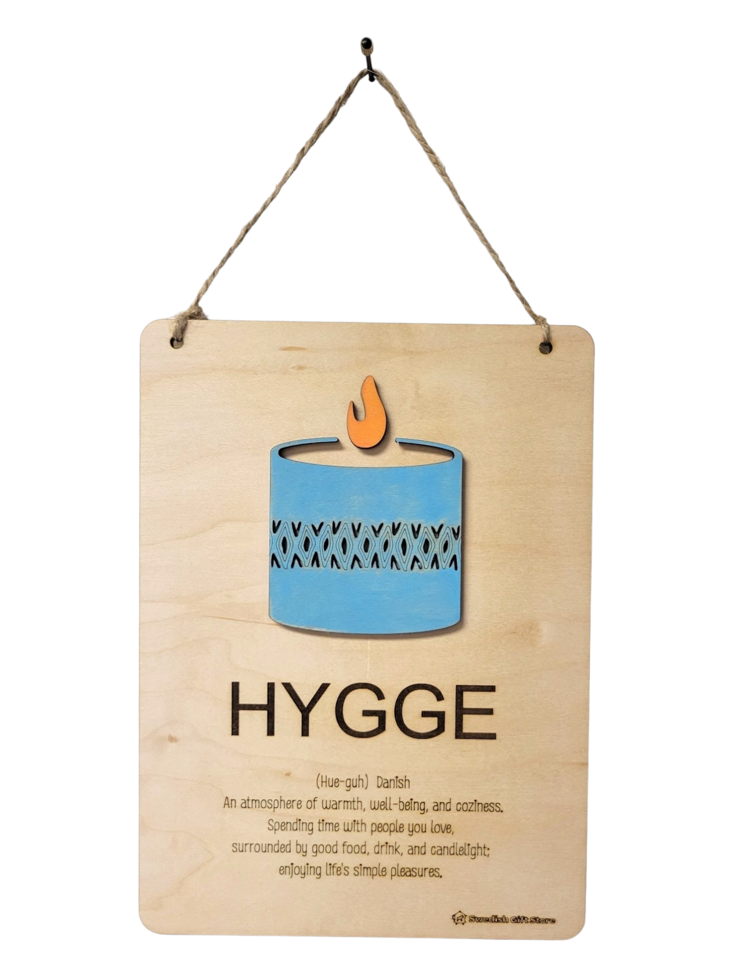 Wall Decor: Hygge Definition - A wooden plaque with a candle design that describes Hygge as embodying warmth, coziness, and the simple pleasures of good food, drink, and candlelight.