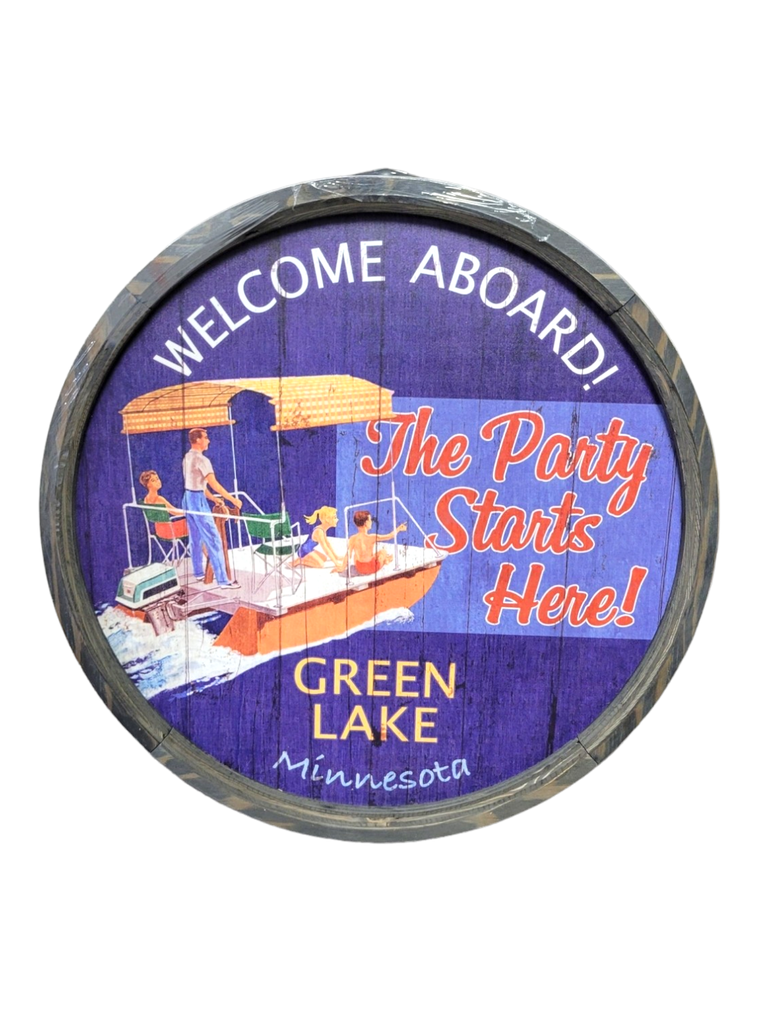 Sign: 23" Barrel End "Welcome Aboard!" - Green Lake