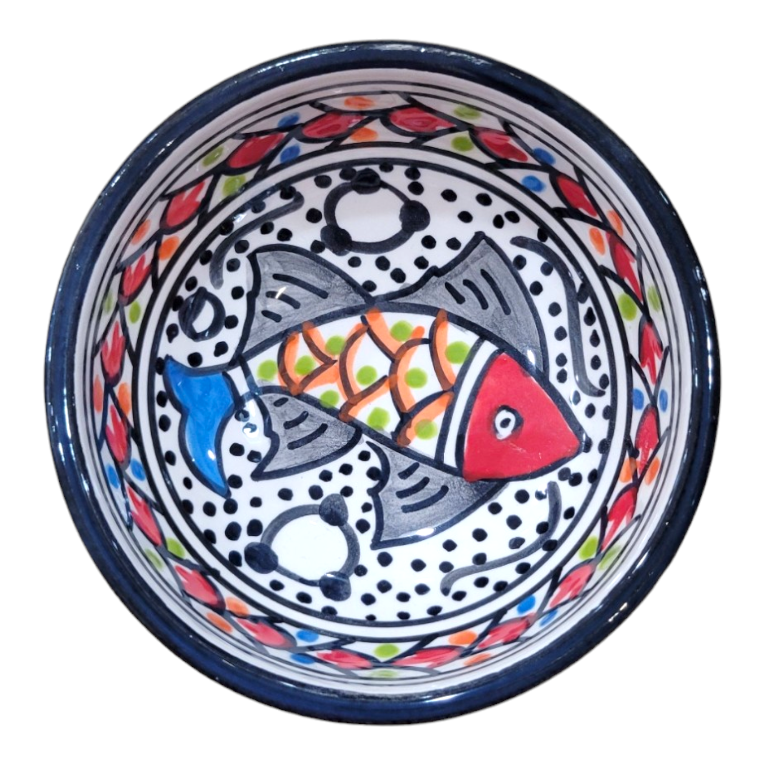 The Bowl: Small Round Dipping Bowl Handmade & Hand Painted, Design 2, features a colorful fish at the center with black dots and a red, green, and blue border—ideal for serving sauces or as a unique custom dipping bowl.