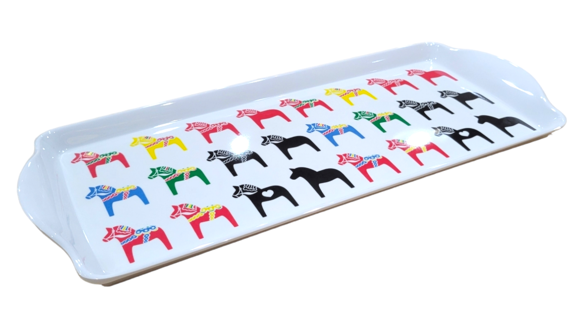 Durable melamine tray showcasing vibrant, stylized Swedish Dala Horses in rows on a white background, ideal for almond cakes or serving.