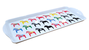 Durable melamine tray showcasing vibrant, stylized Swedish Dala Horses in rows on a white background, ideal for almond cakes or serving.