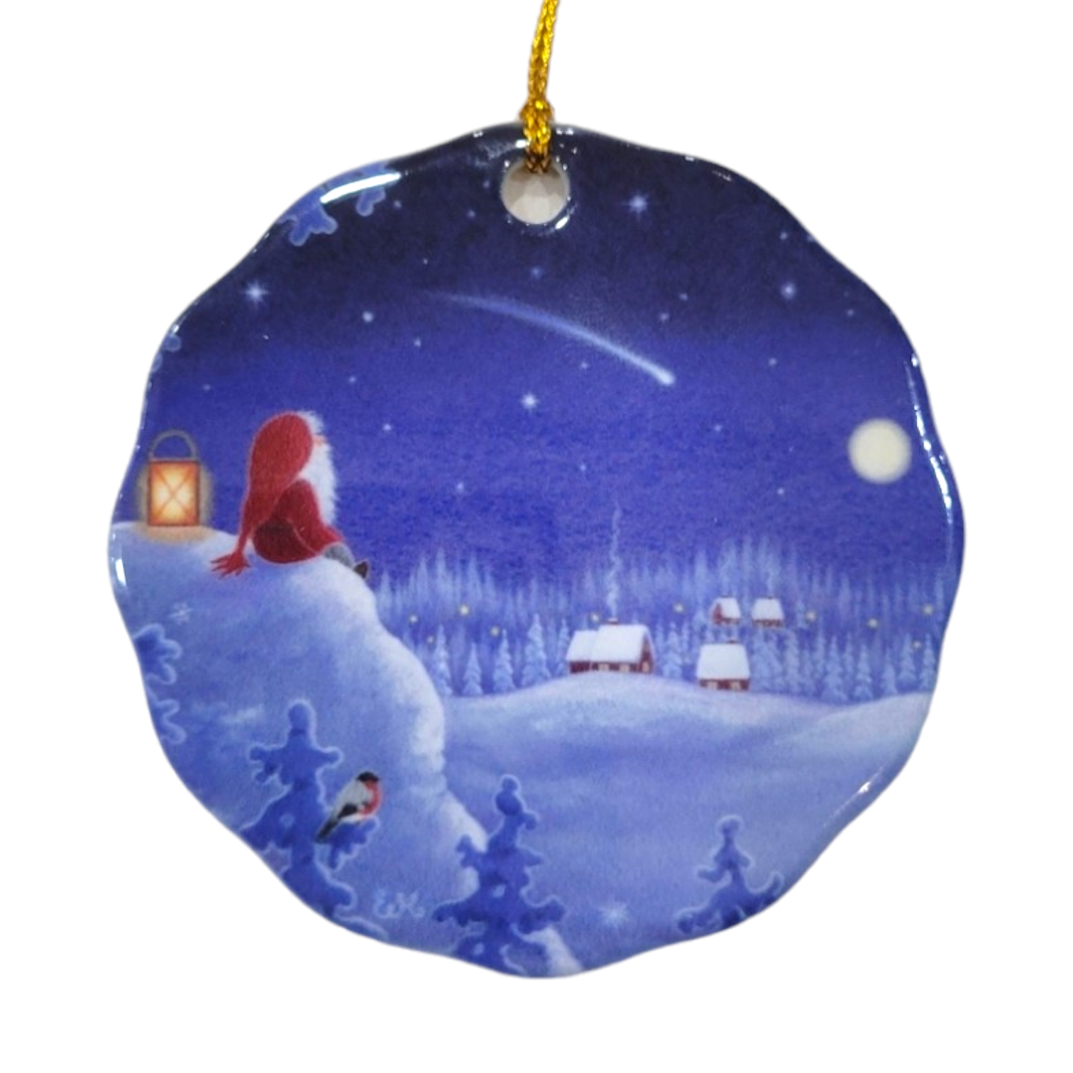 The "Tomten & A Shooting Star" porcelain ornament, inspired by Eva Melhuish, depicts a figure sitting in the snow with a lantern, watching a shooting star and full moon above a snowy village.