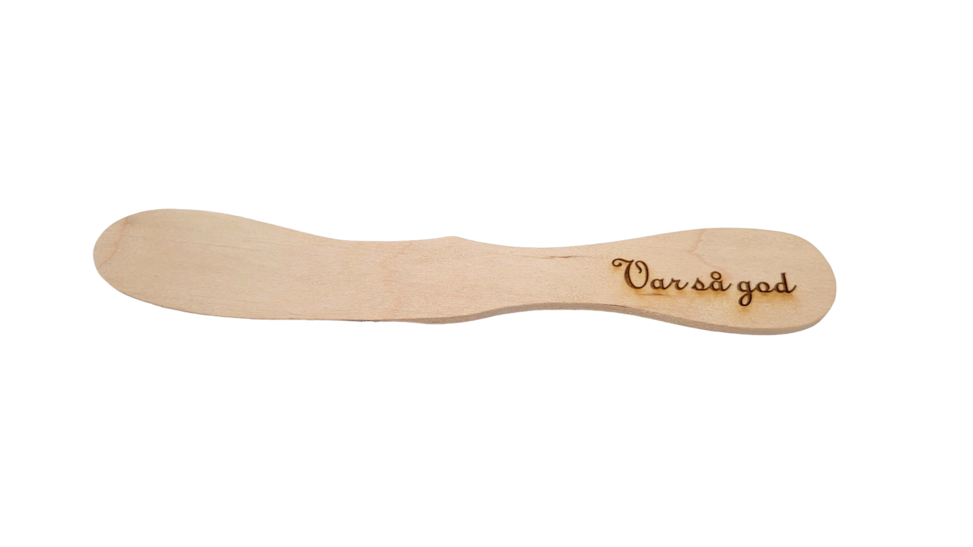 The "Var sa god" wood spreader, skillfully crafted as a versatile spreading tool, has its handle elegantly engraved with the words "Varsågod.