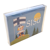 Box containing the "Card Pack: SISU Finnish Boy & Finland Flag (12-Pack)" with an illustration of a child holding a Finnish flag, standing on a hill with trees and a sun in the background. These blank greeting cards come complete with white envelopes, perfect for sending your heartfelt messages.