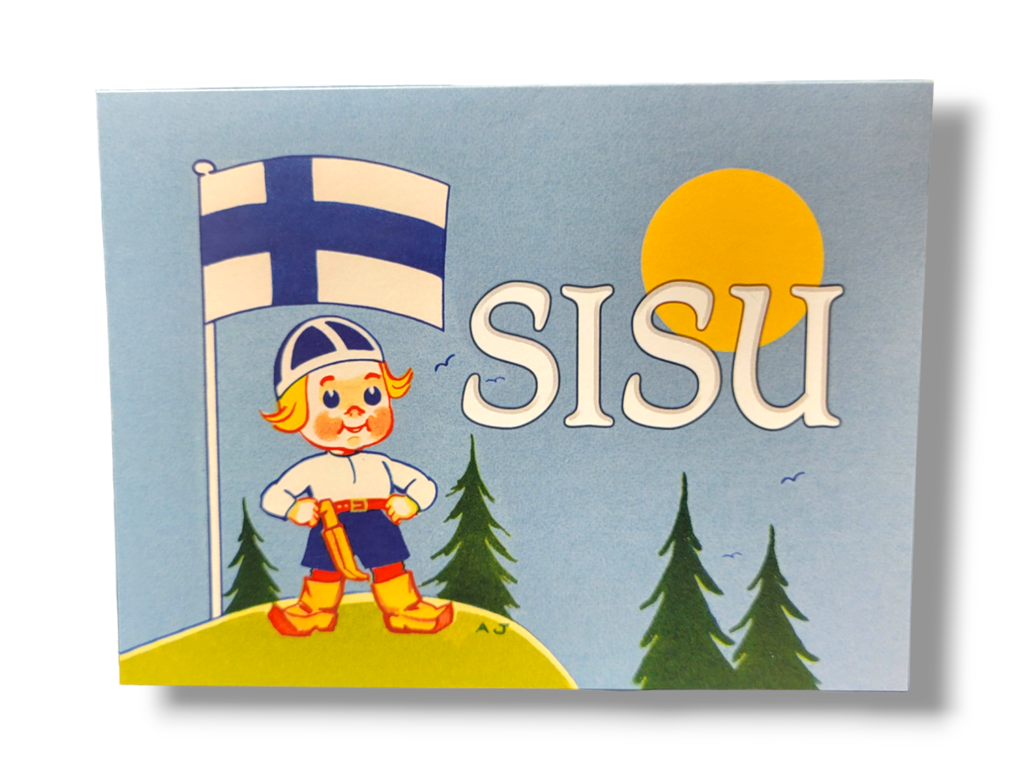 A cartoon character is depicted standing on a hill next to a Finnish flag, with "SISU" written beside them. In the background, trees reach towards a yellow sun, while greeting cards from the "Card Pack: SISU Finnish Boy & Finland Flag (12-Pack)" flutter like leaves in the gentle breeze.