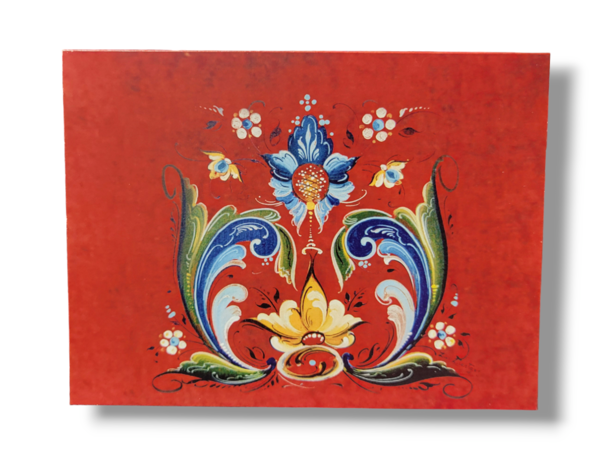 Vibrant floral design featuring blue, yellow, and red motifs on a red backdrop, ideal for greeting cards or note cards. Available as the Card Pack: Red Rosemaling by Lise Lorentzen (12-Pack).