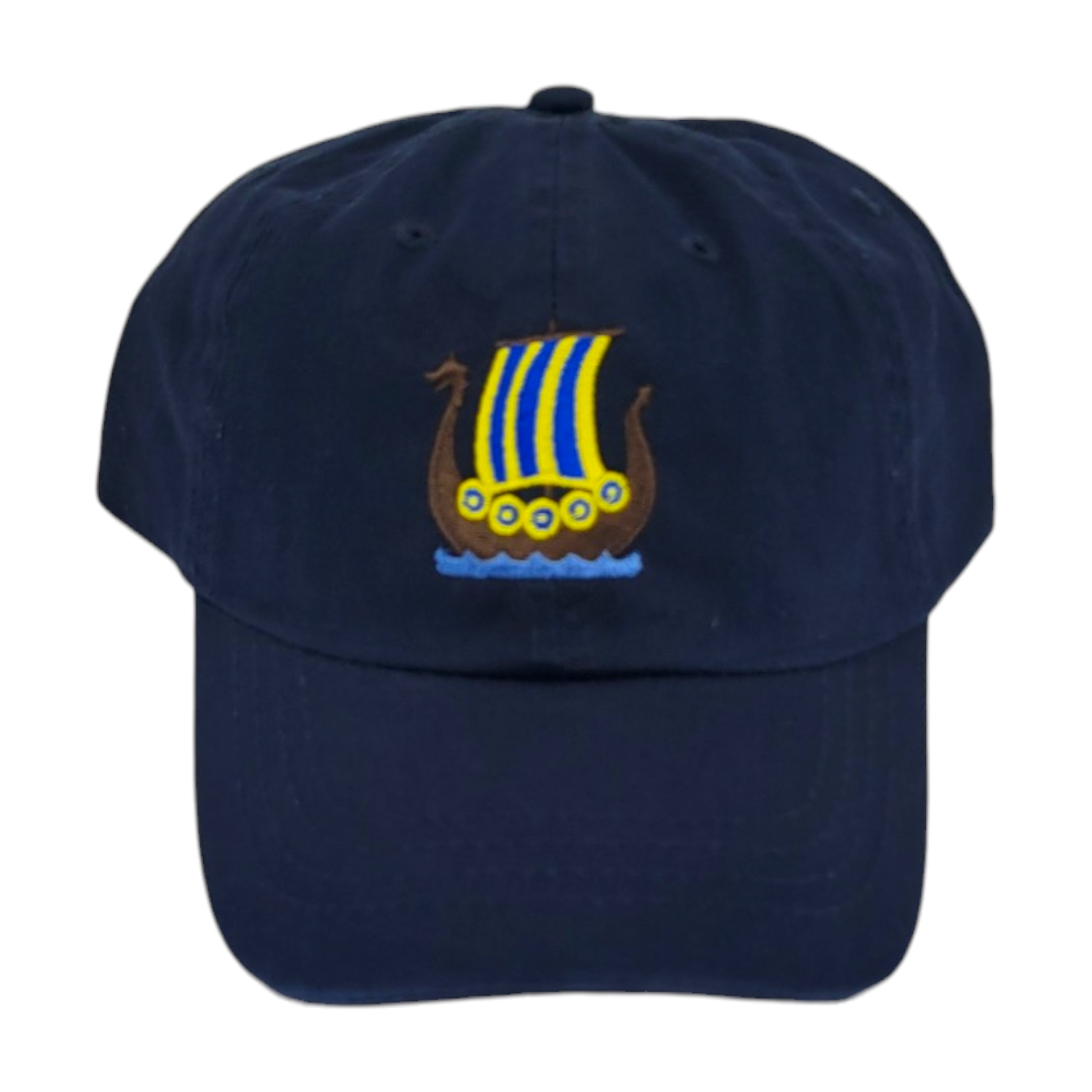 The "Hat: Swedish Viking Ship, Baseball Cap" features a navy blue design with an embroidered Viking ship that boasts a sail inspired by the yellow and blue stripes of the Swedish flag.