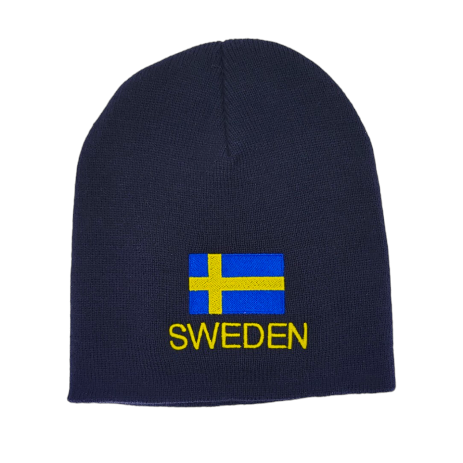 Show your Swedish pride with this Hat: Swedish/Sweden Flag Navy Beanie, featuring an embroidered flag and SWEDEN in bold yellow on the front.