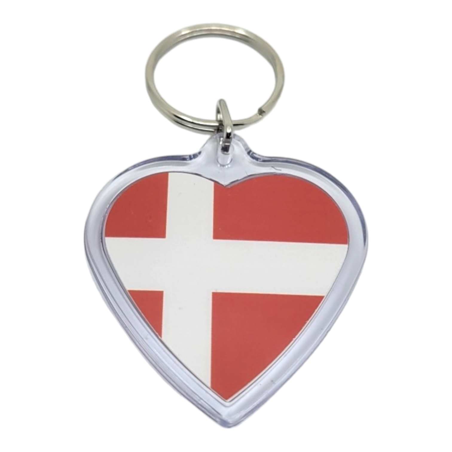 The Heart Shaped Danish Flag Novelty Keychain features the Danish flag within a heart design, enclosed in clear casing and paired with a silver keyring.