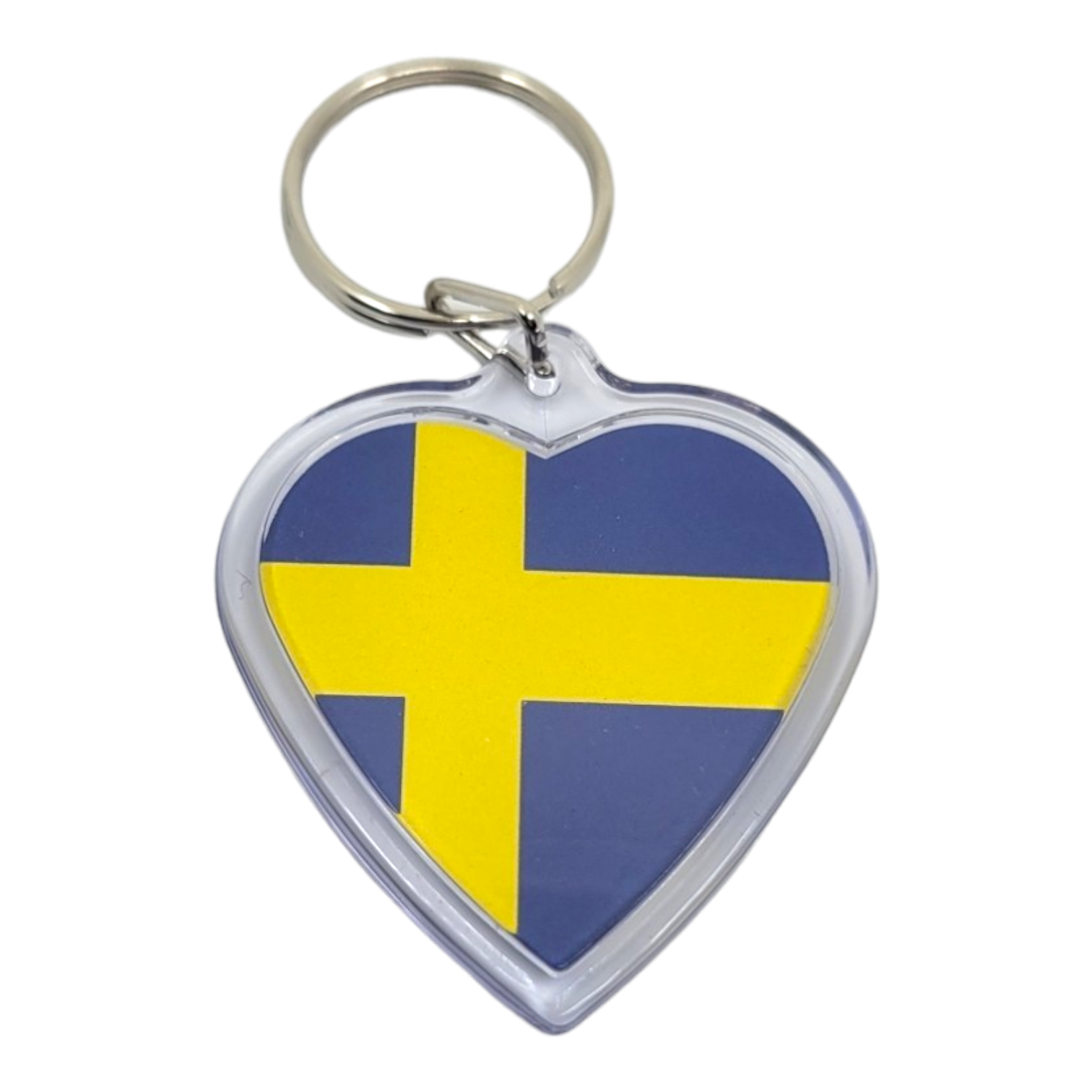 The Keychain: Swedish Flag Heart Shaped Keychain beautifully displays a blue background with a vibrant yellow Nordic cross, highlighting its novelty heart shape.