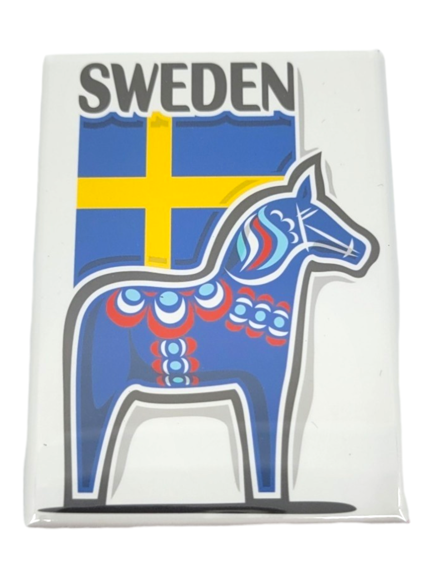 This vibrant rectangle magnet, named "Magnet: Sweden Flag & Dala Horse," features a striking Dala horse design in blue adorned with red and white patterns against the background of the Swedish flag, with "Sweden" emblazoned at the top. Fade-resistant and proudly MADE IN USA, it perfectly combines cultural charm with durable quality.