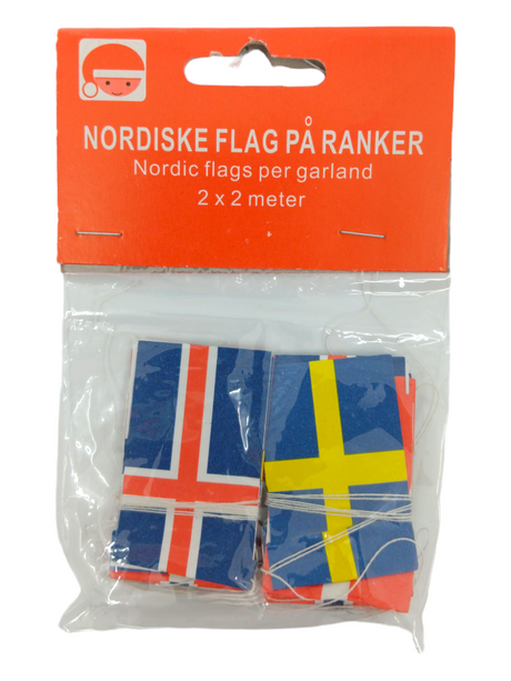 The Ornament: Nordic Flag Garland with Scandinavian Flags includes two 3 strings of mini flags, perfect for Scandinavian decor or Christmas tree ornaments, featuring Icelandic and Swedish flags and a red Danish-English label.