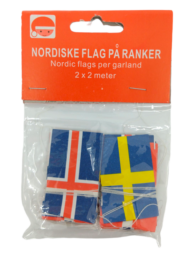 The Ornament: Nordic Flag Garland with Scandinavian Flags includes two 3 strings of mini flags, perfect for Scandinavian decor or Christmas tree ornaments, featuring Icelandic and Swedish flags and a red Danish-English label.
