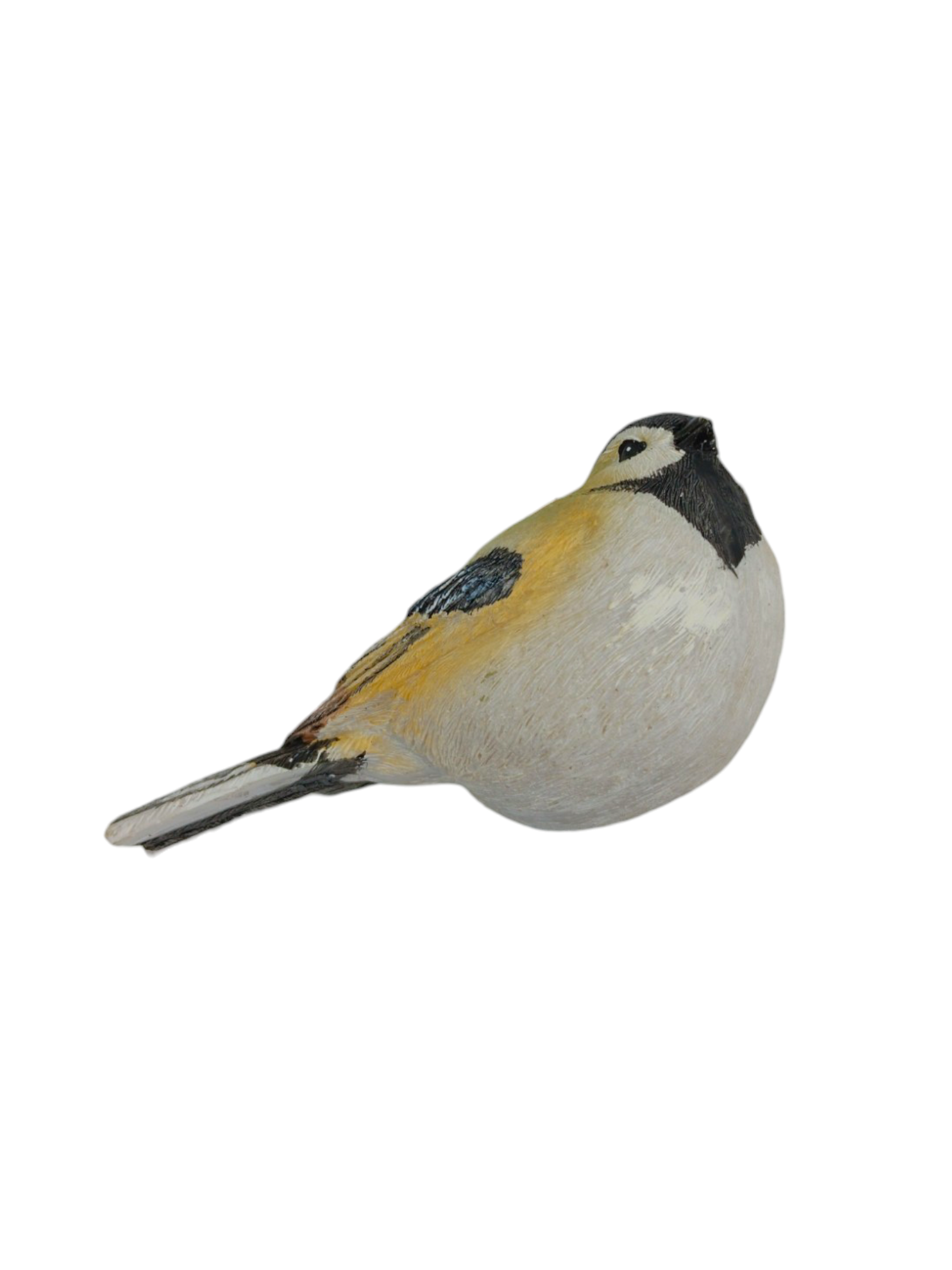 This delightful 4.5-inch Chickadee Songbird ornament showcases a beige body with black markings near the face, enhanced by touches of blue and orange on the wings, resembling a hanging Chickadee made from painted resin.