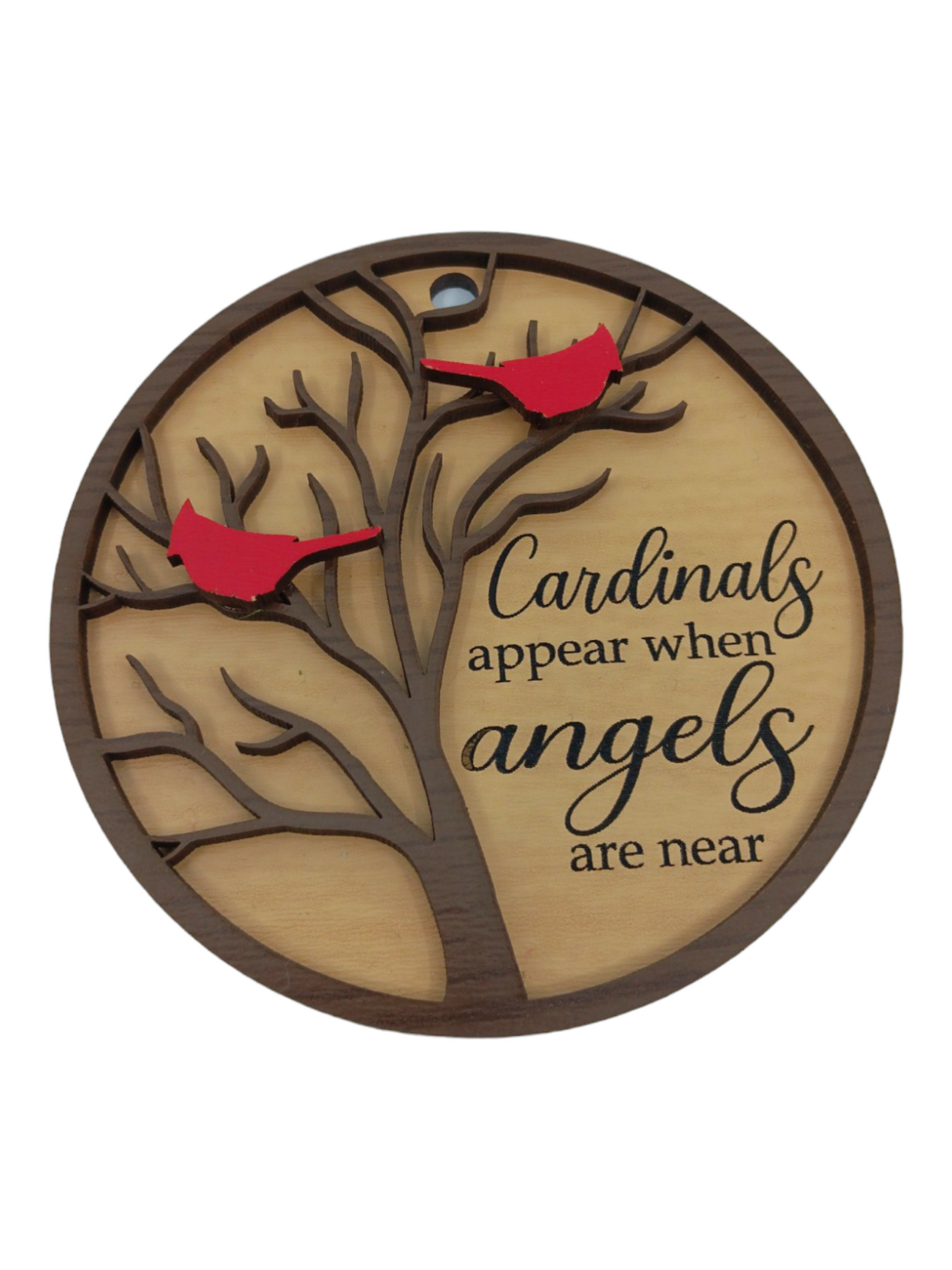 This ornament, titled "Ornament: 2-Cardinals 'Cardinals appear when angels are near'," features a circular birch wood plaque with a tree design adorned by two vibrant red cardinals. The heartfelt text adds warmth to any space.
