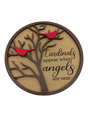 This ornament, titled "Ornament: 2-Cardinals 'Cardinals appear when angels are near'," features a circular birch wood plaque with a tree design adorned by two vibrant red cardinals. The heartfelt text adds warmth to any space.