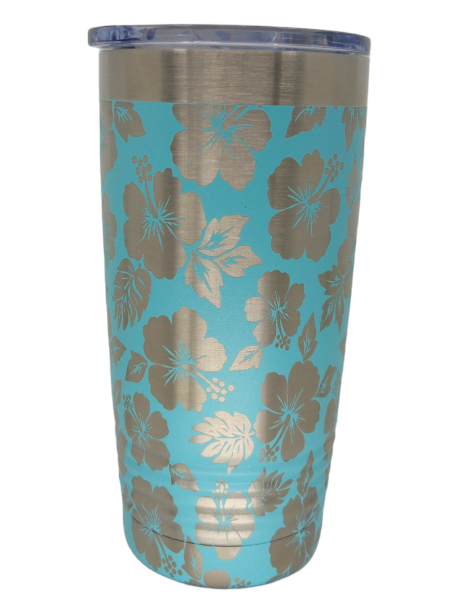 The Tumbler: 20 oz, Floral Pattern, Full Wrap features a teal stainless steel design with a clear lid and silver floral wrap. It is vacuum sealed, dishwasher safe, and ideal for keeping drinks at the desired temperature.