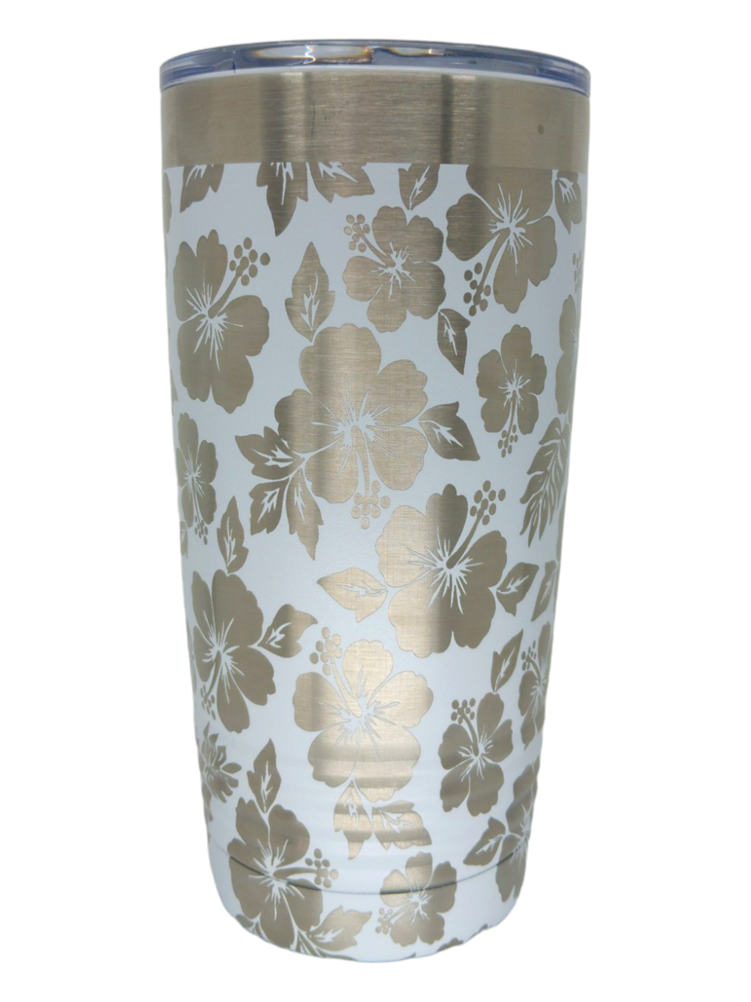 The 20 oz Tumbler features a full wrap floral pattern, a clear lid, vacuum-sealed insulation to keep drinks hot or cold, and is dishwasher safe for easy cleaning.