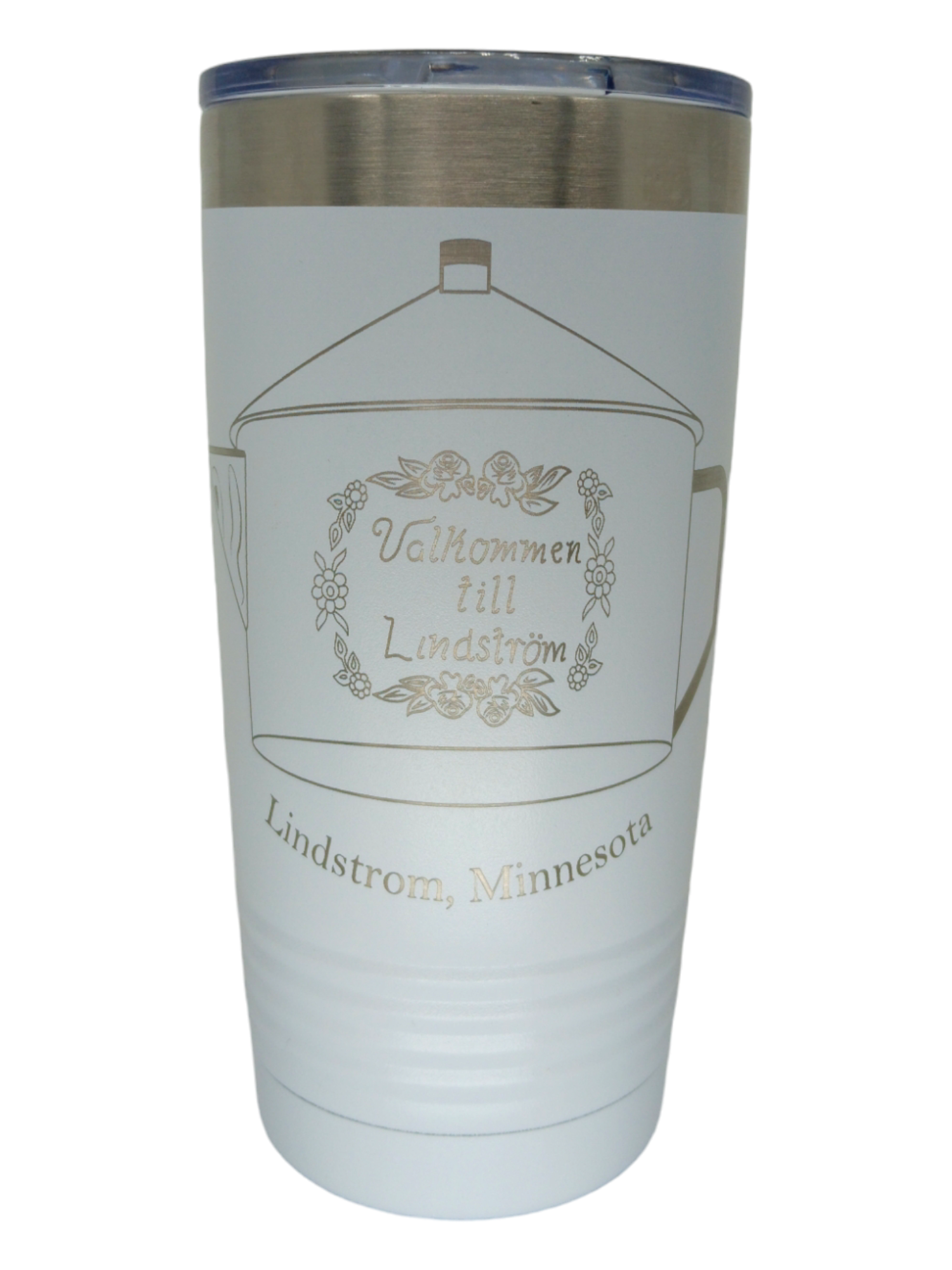 The 20 oz Lindstrom Tumbler, available in white, gray, or black with a silver lid, features a pot illustration and "Välkommen till Lindström" plus "Lindstrom, Minnesota." It's vacuum sealed and dishwasher safe for easy travel use.