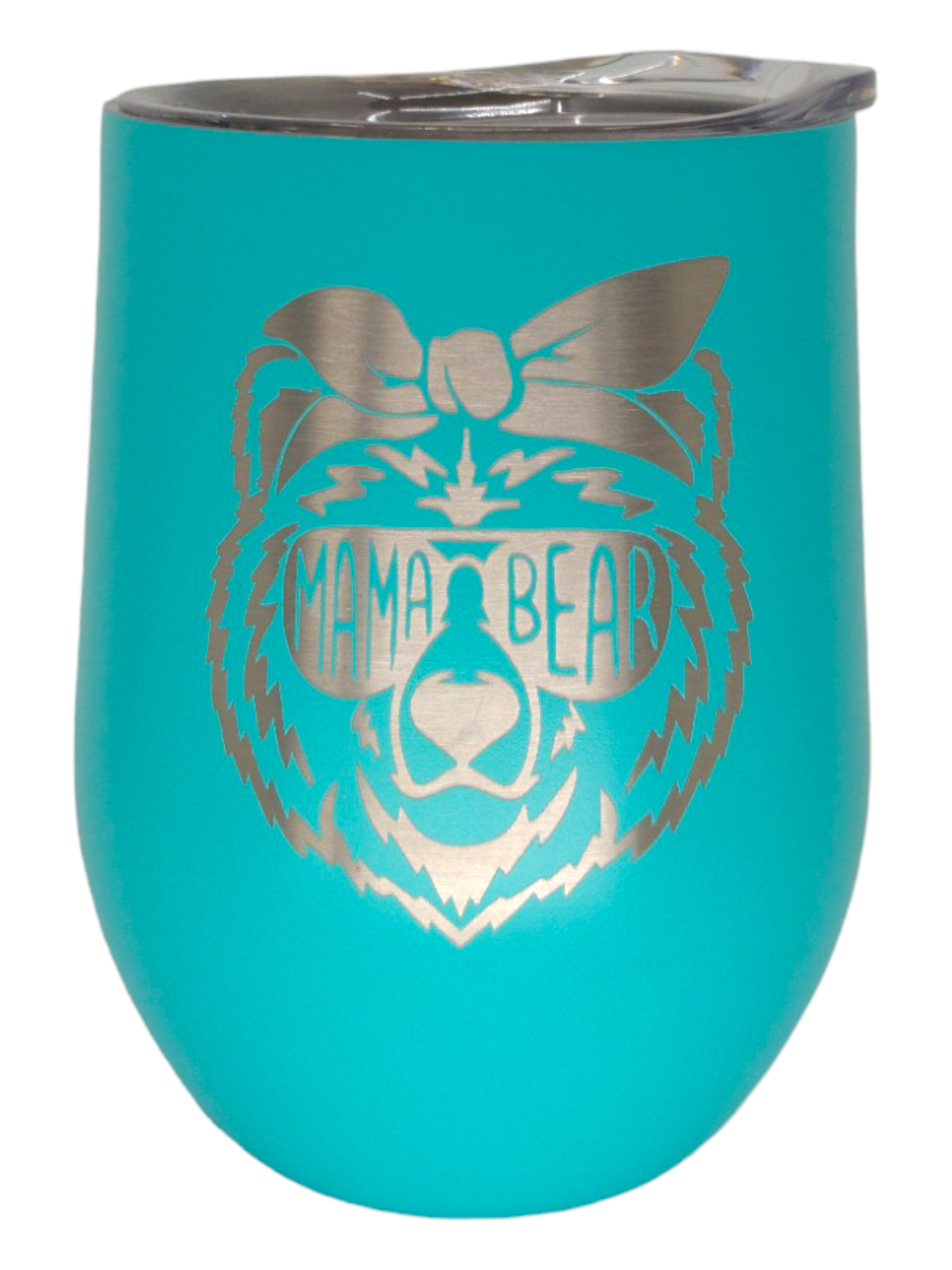 The Tumbler: 12 oz, Mama Bear features a turquoise finish, silver outline of a bear with sunglasses and headband, “Mama Bear” on the glasses. It’s vacuum sealed to keep drinks fresh and is dishwasher safe for easy cleaning.