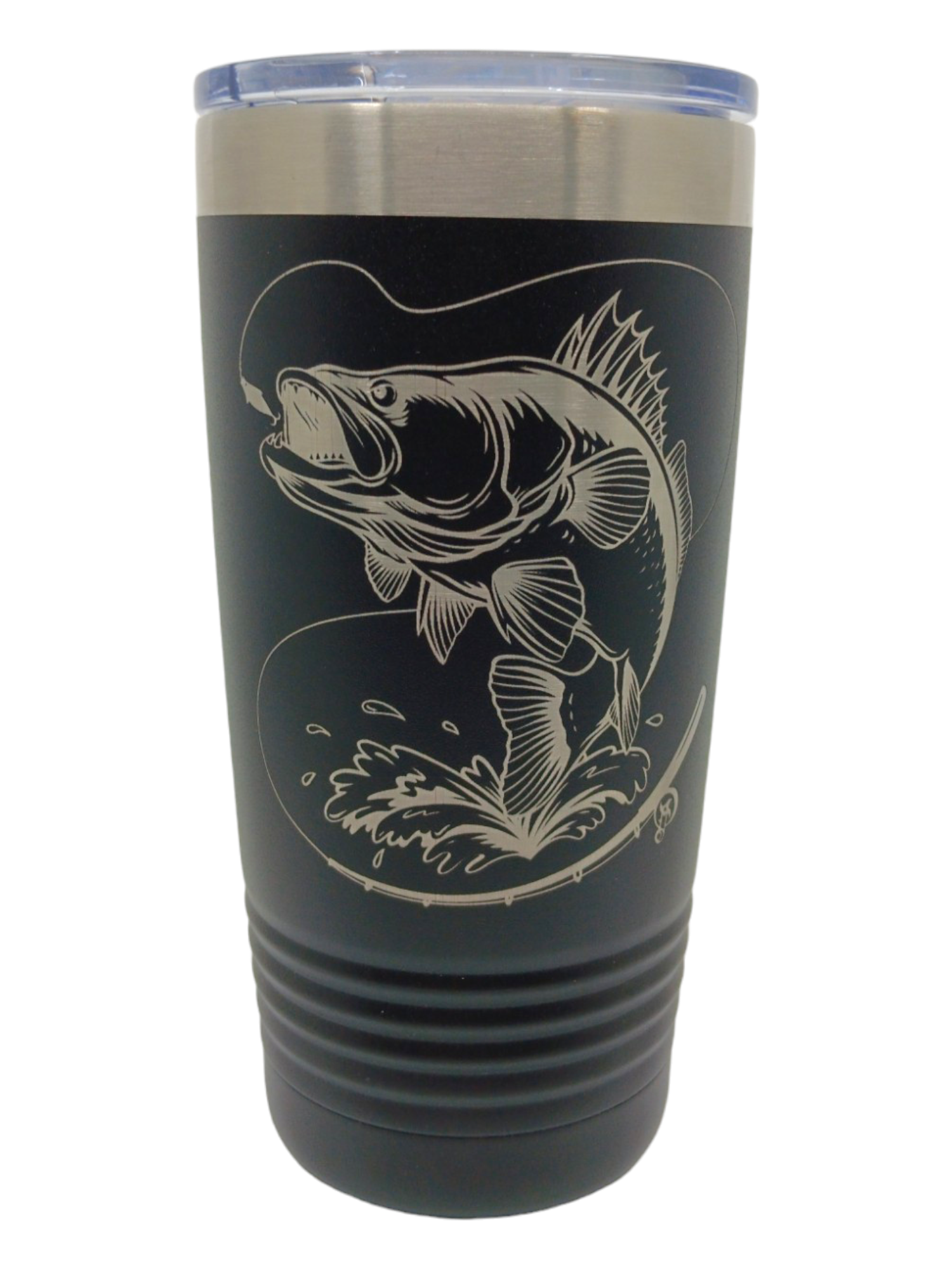 The 20 oz Tumbler: Bass is black with a clear lid and an engraved fish design. It's vacuum sealed to maintain drink temperature and is dishwasher safe for easy cleaning.