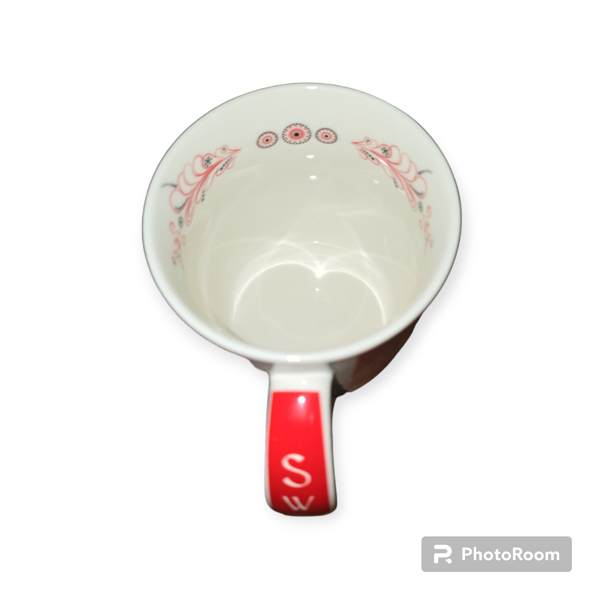 A white porcelain coffee mug (12oz) named "Sweden" features a red Dala Horse handle with a white S, and red folk-inspired patterns inside, echoing Scandinavian charm when viewed from above.