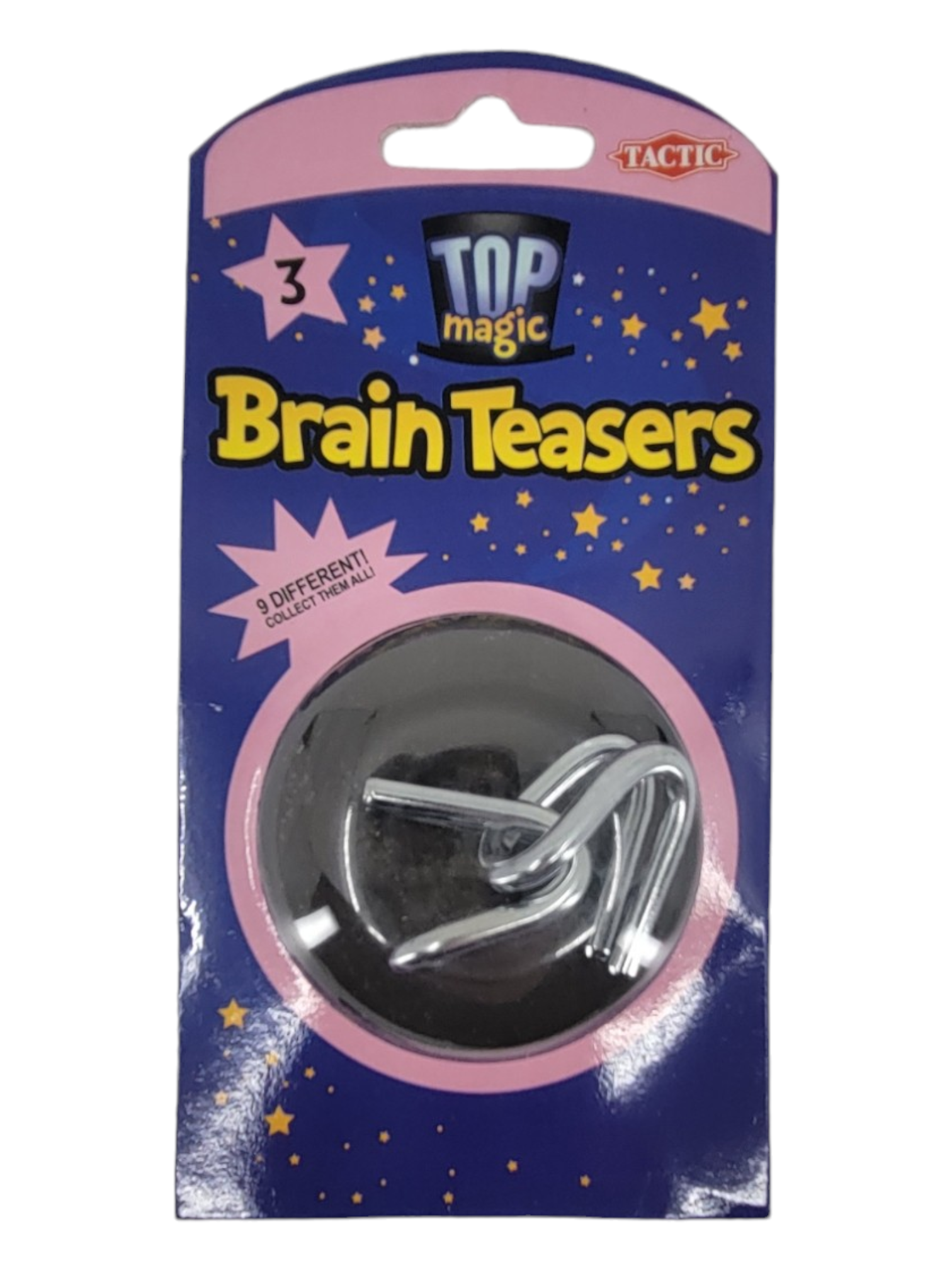 Packaging of Brain Teasers: Metal Puzzles, featuring a challenging puzzle and part of a captivating series with nine different puzzles to collect.