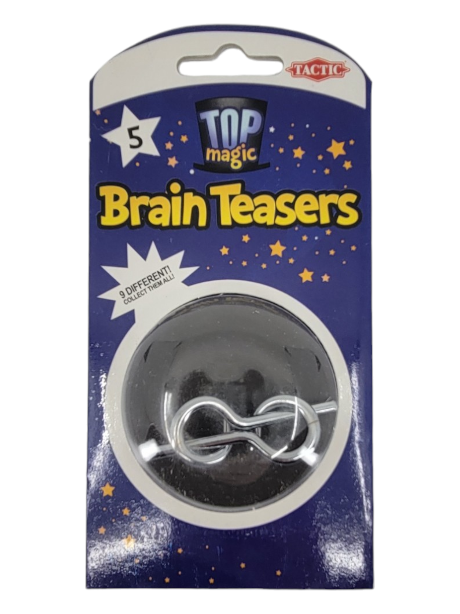 Introducing the packaging for Brain Teasers: Metal Puzzles, featuring nine distinct puzzles perfect for ages 5 and up. This set aims to challenge your skills in disentanglement.