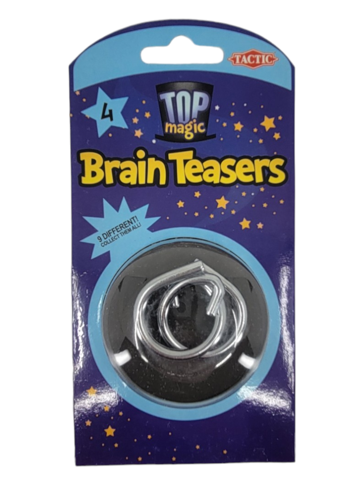 The packaging of the Brain Teasers: Metal Puzzles features a disentanglement puzzle inside a blue and purple box adorned with stars, and it is labeled as offering 9 different collectible brain teaser puzzles.