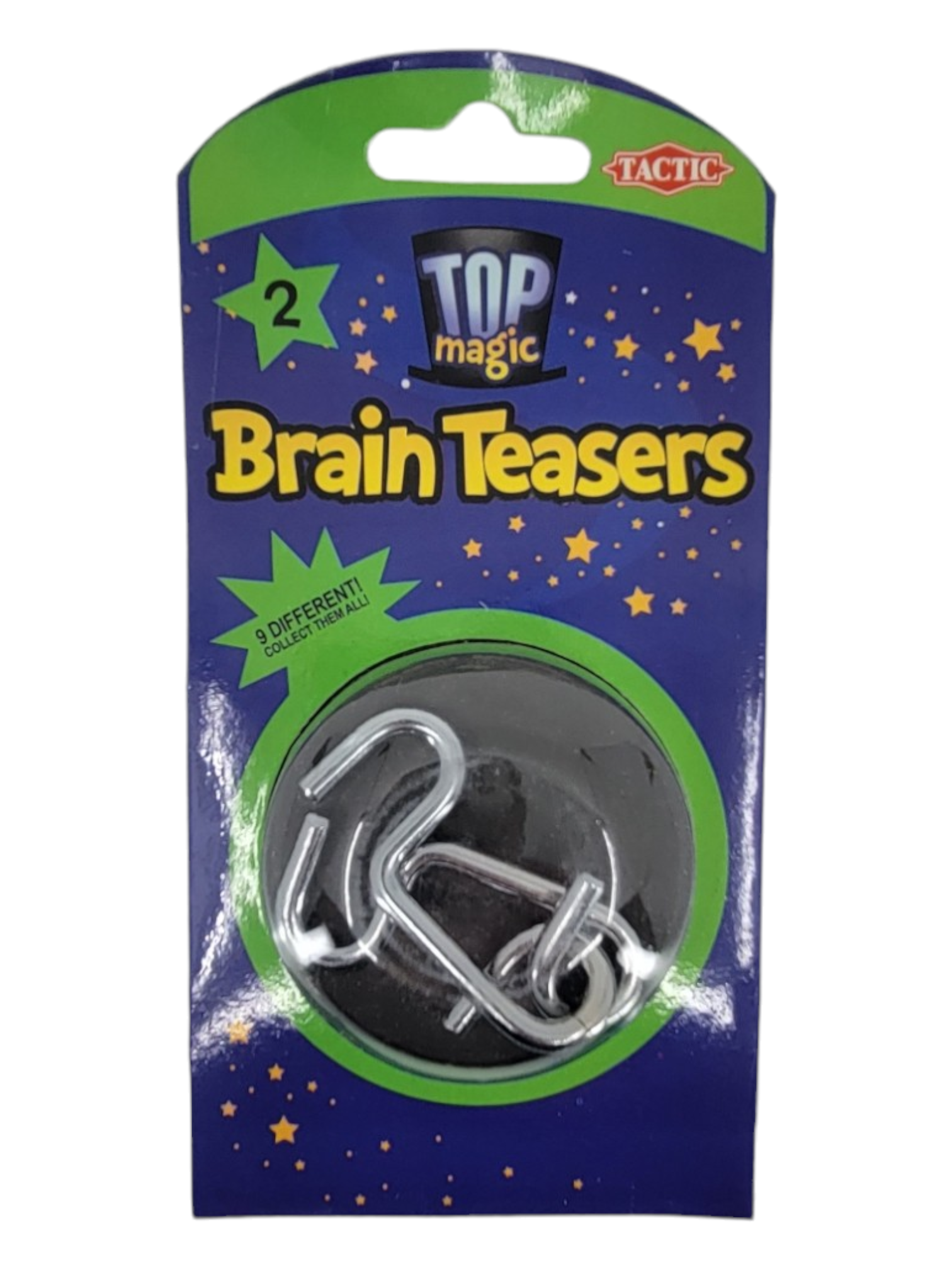 Package of metal brain teaser puzzles labeled Brain Teasers: Metal Puzzles, featuring a starry design and a note about 9 unique disentanglement puzzles in the series.