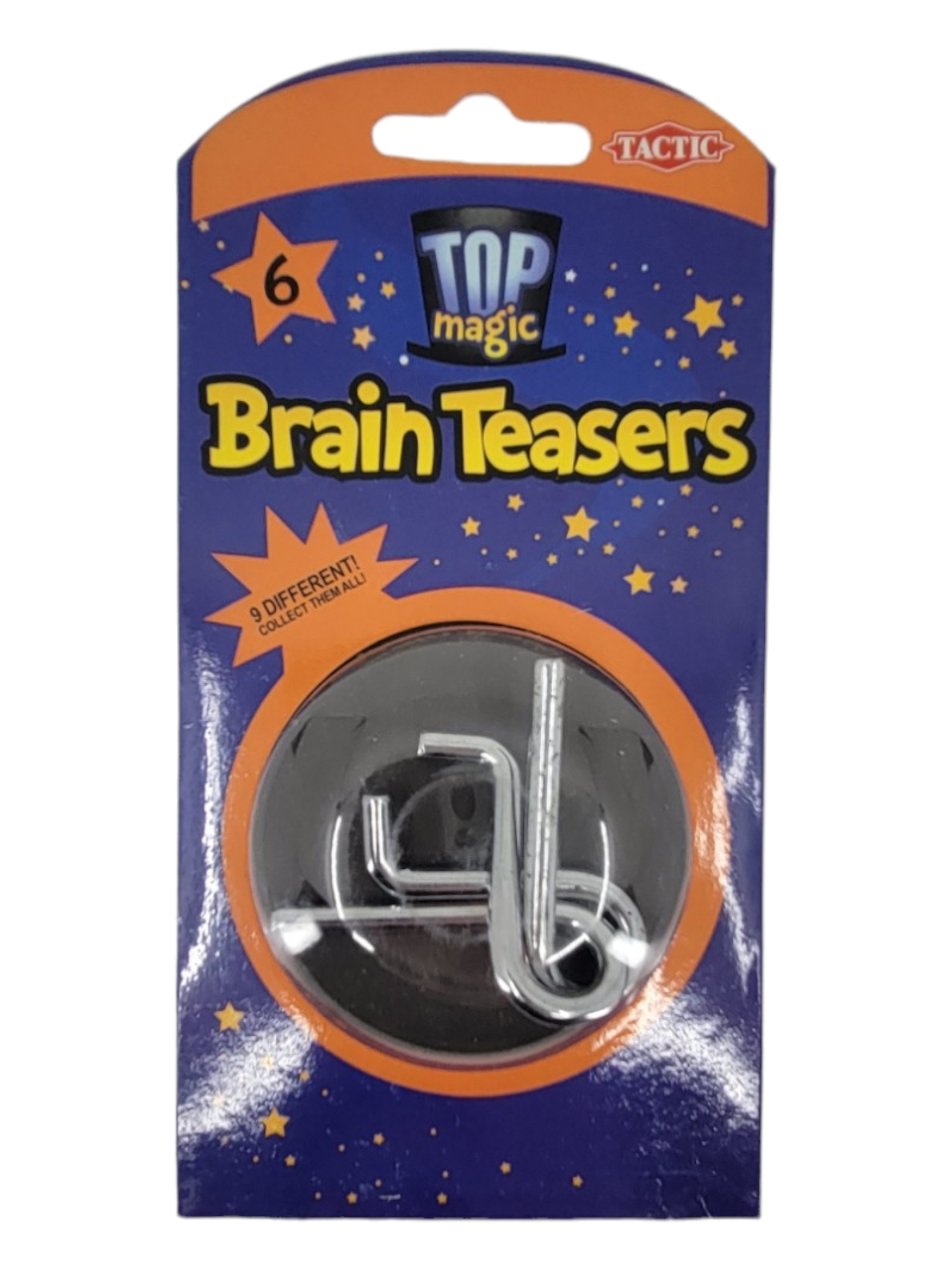 Puzzle packaging labeled "Brain Teasers: Metal Puzzles" with nine different metal puzzle pieces and a colorful star design, perfect for fans of brain teaser puzzles.