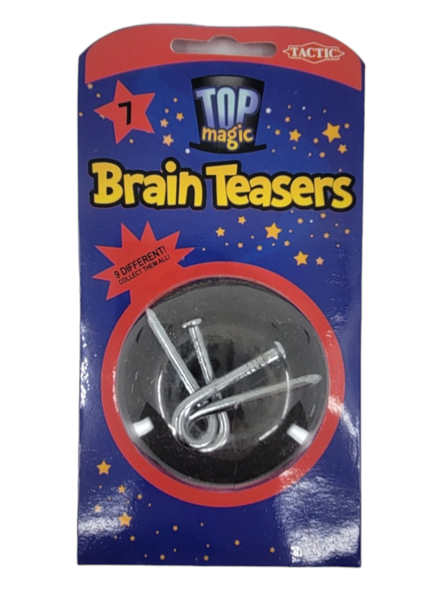 Packaged with a circular display showcasing interlocked metal nails, the Brain Teasers: Metal Puzzles (9 Different Puzzles to Choose from) are perfect for challenge enthusiasts.